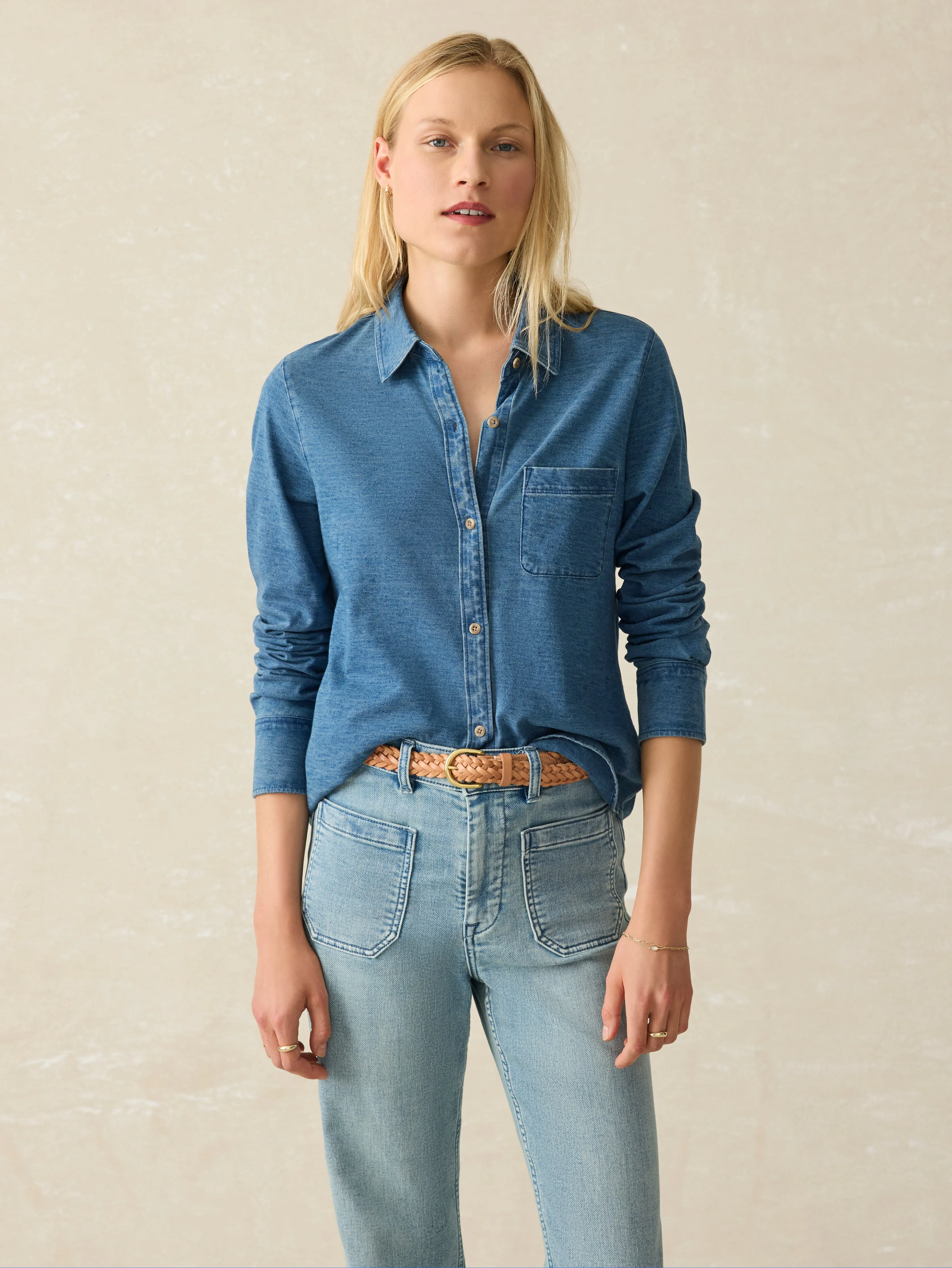 Sunwashed Knit Shirt - Medium Indigo Wash sold by Faherty