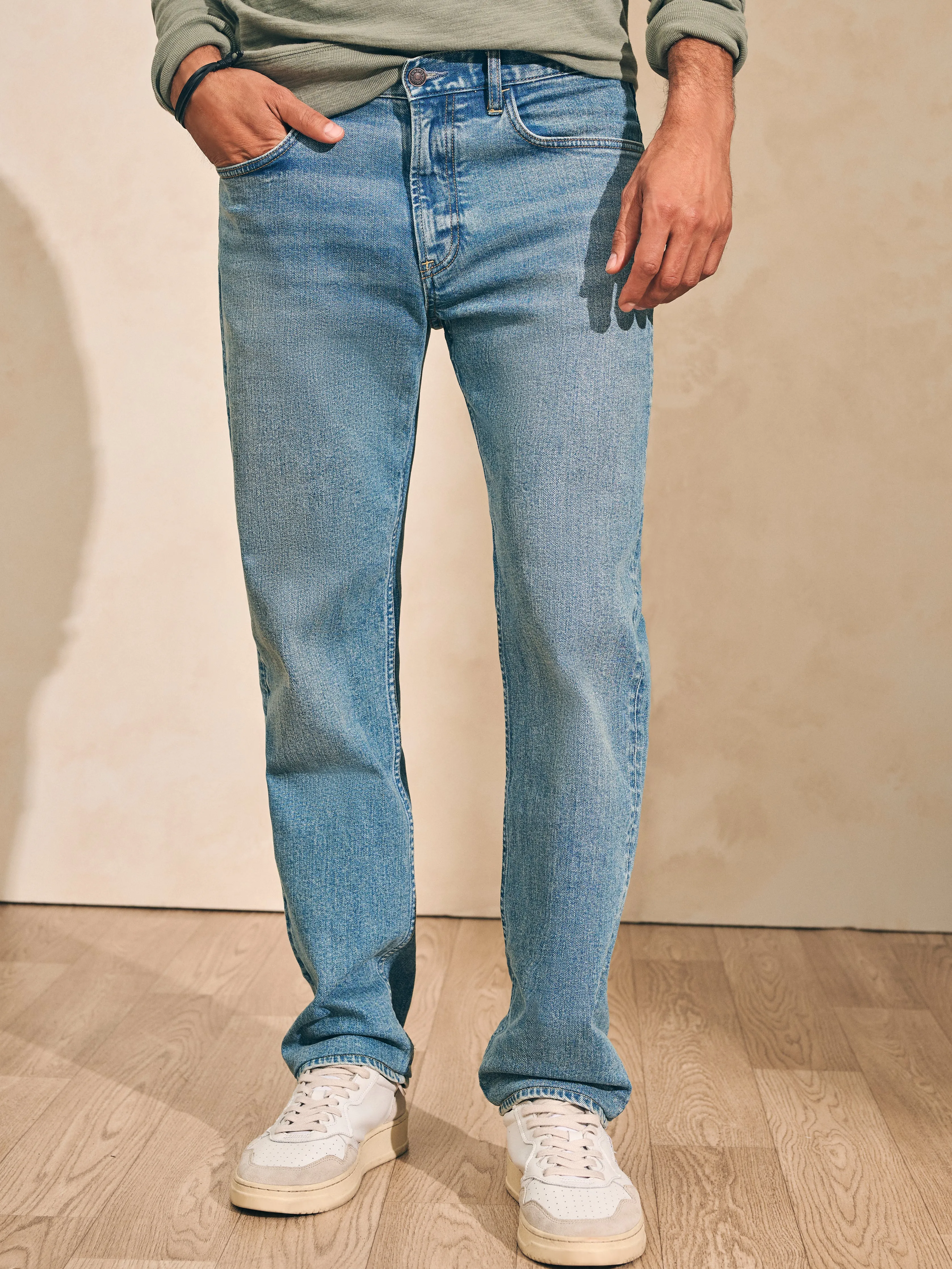 Organic Cotton Slim Straight Denim (34" Inseam) - Sandy Point Wash sold by Faherty