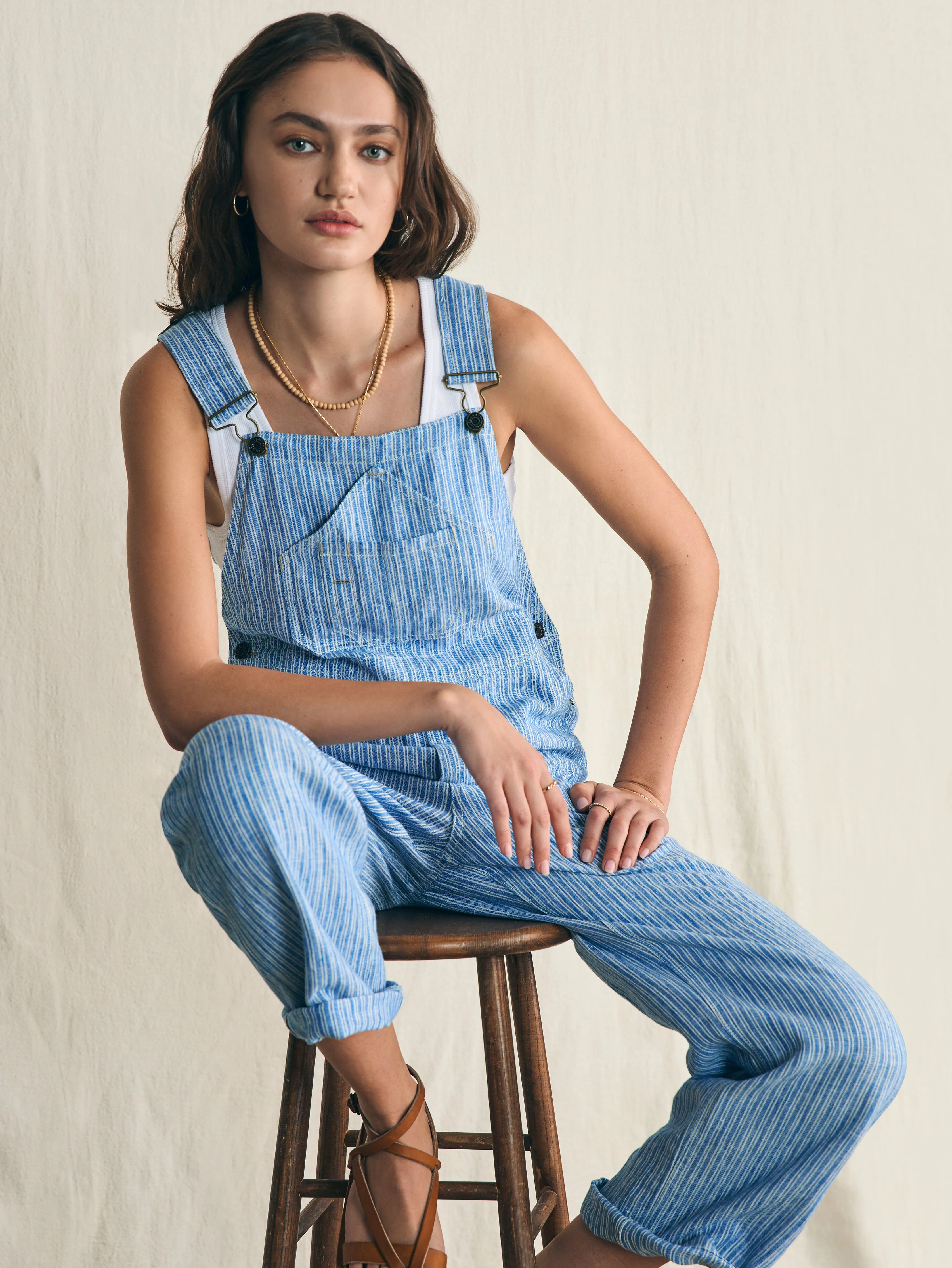 Linen Mechanic Overall - Skyway Railroad Stripe sold by Faherty