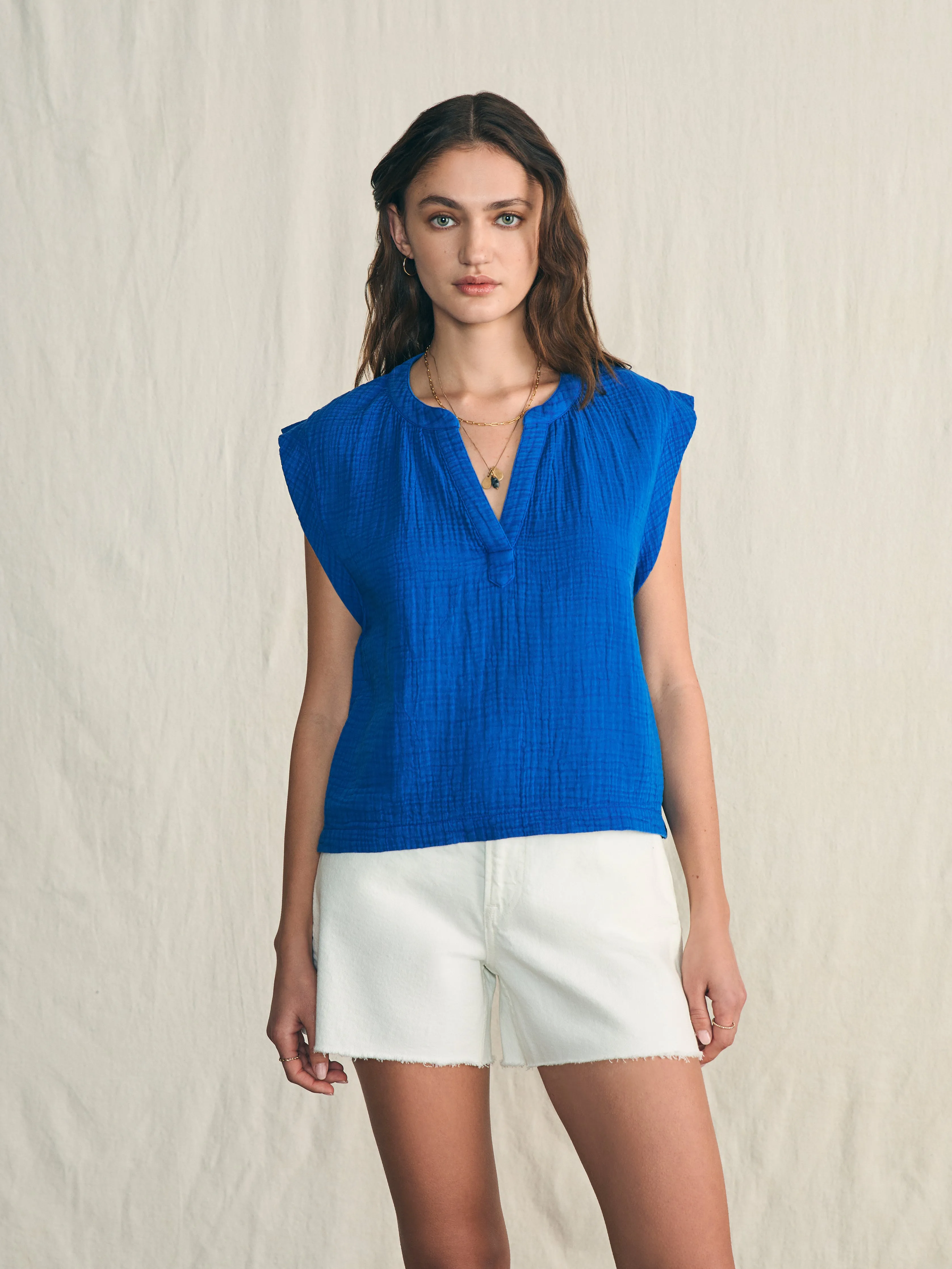 Dream Cotton Gauze Dylan Top - Strong Blue sold by Faherty product image thumbnail 4