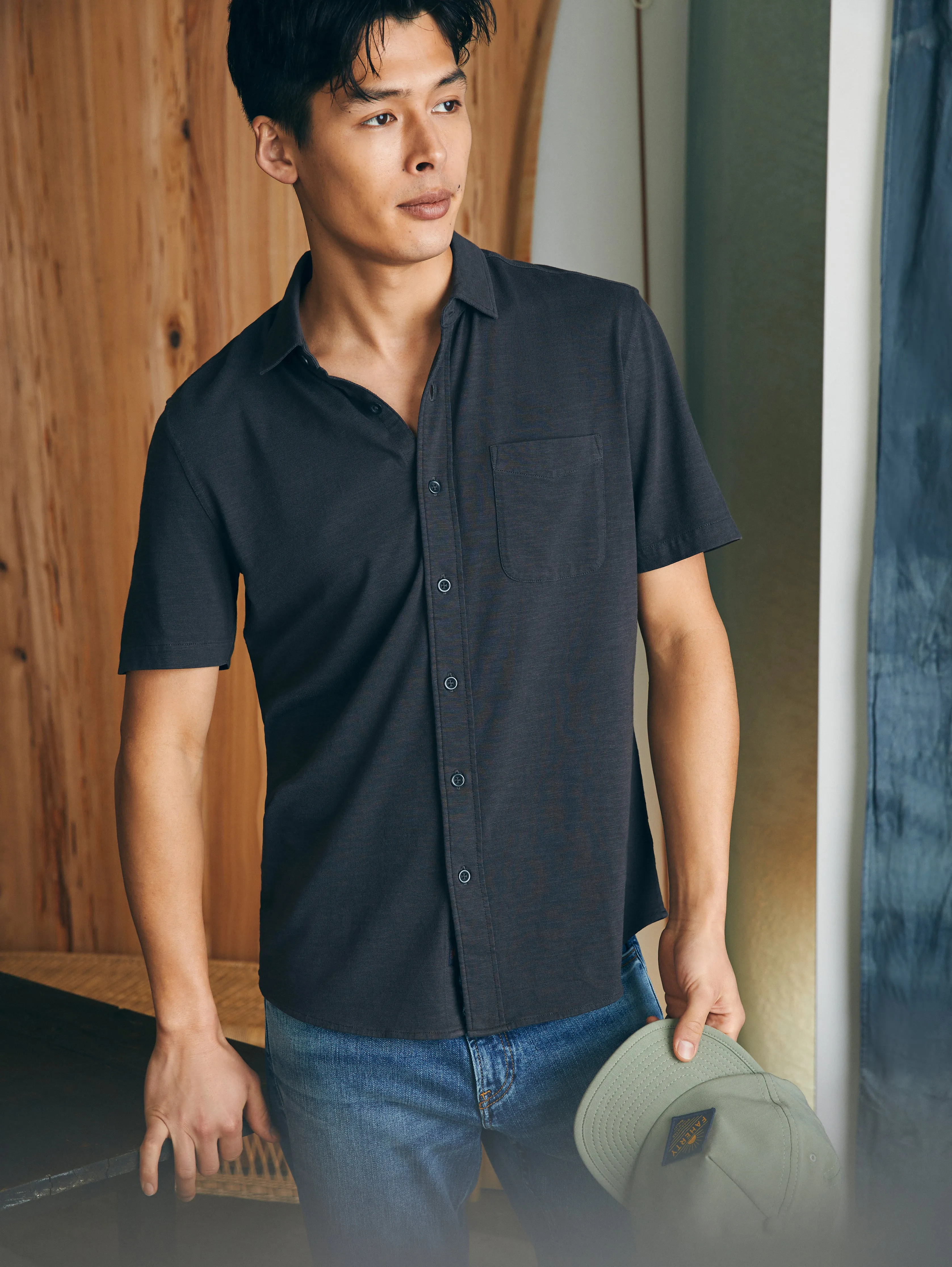 Short-Sleeve Sunwashed Knit Shirt (Single Pocket) - Washed Black sold by Faherty