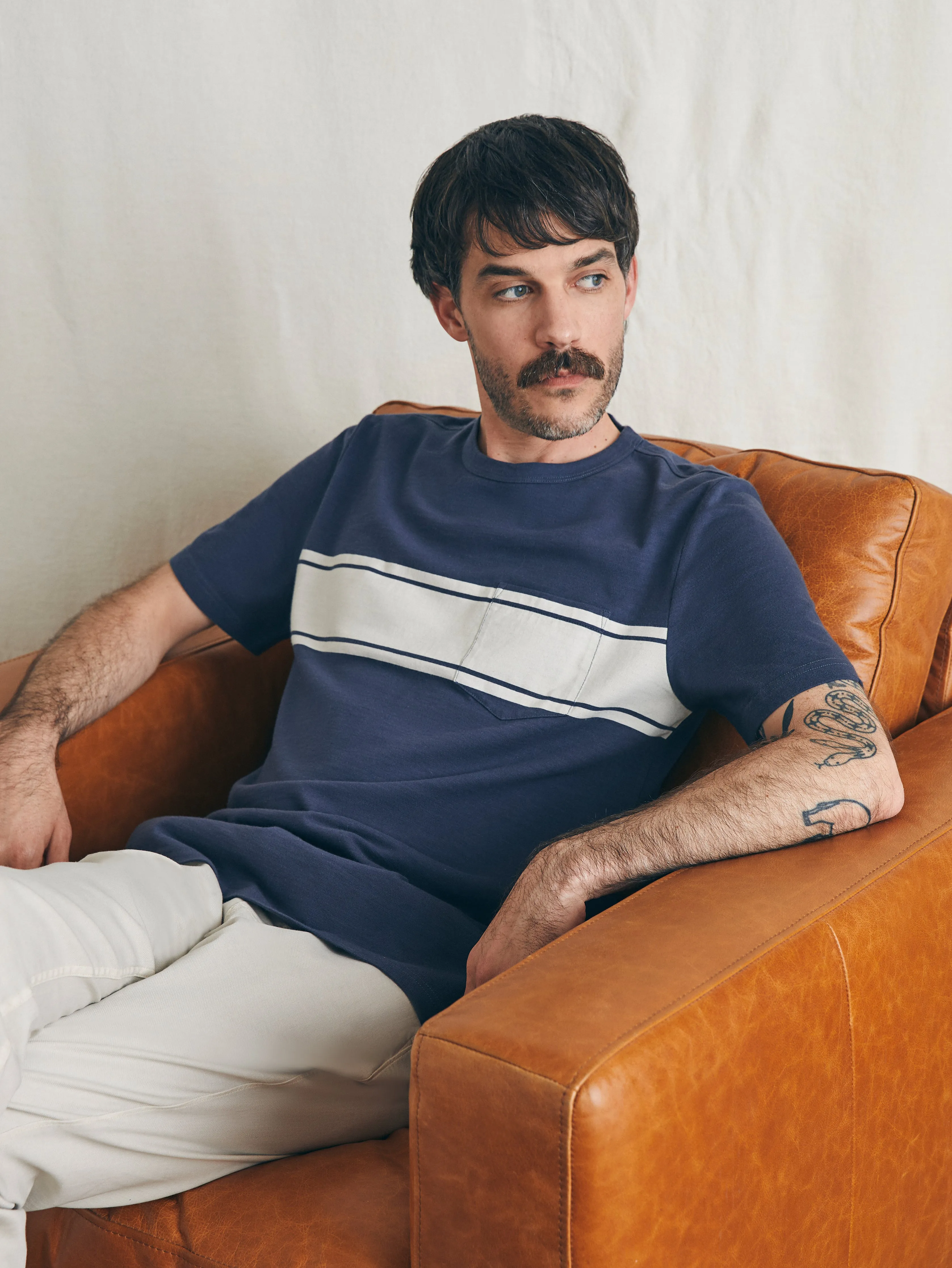 Surf Stripe Sunwashed Pocket Tee - Dune Navy sold by Faherty