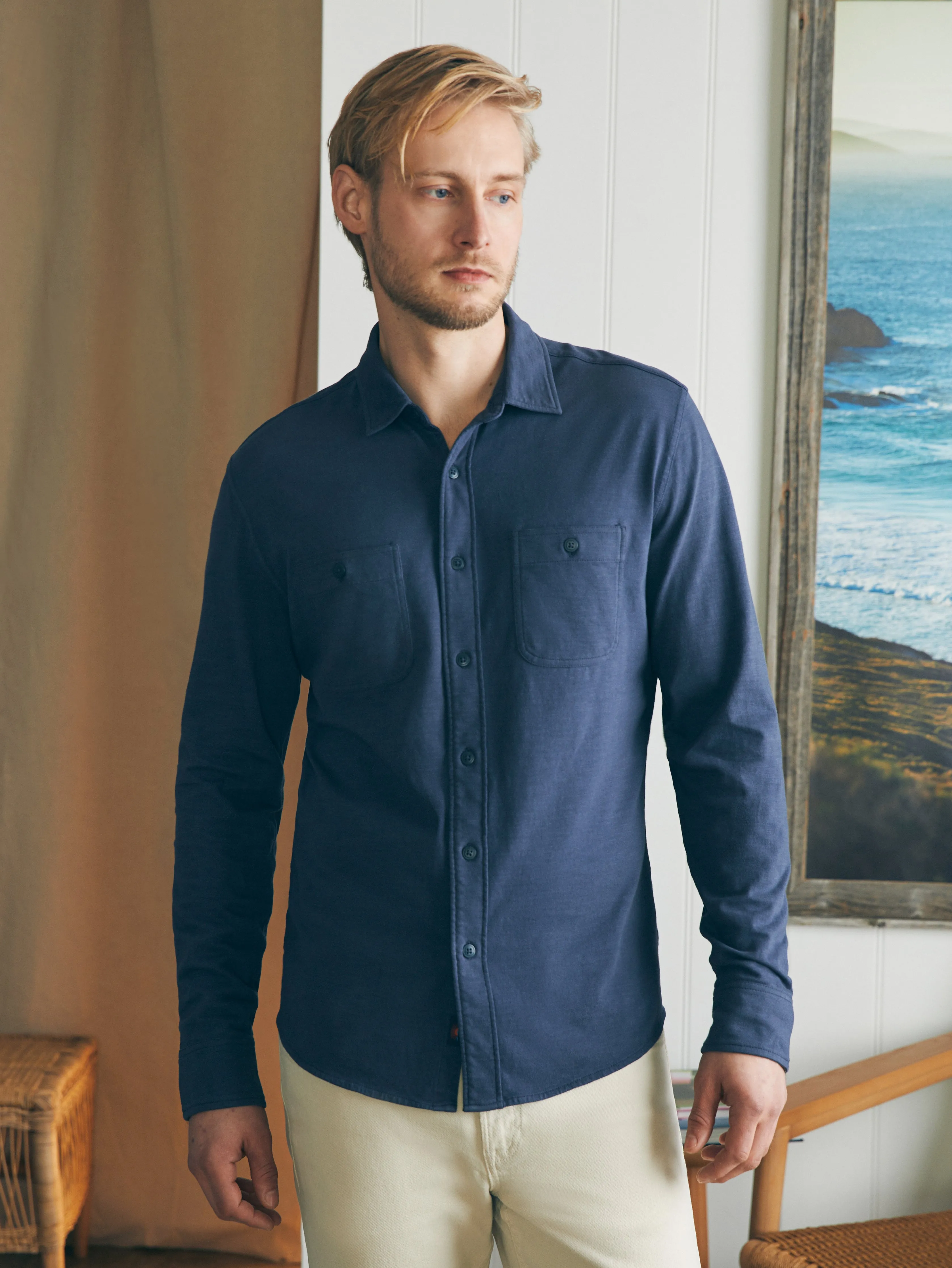 Sunwashed Knit Shirt - Dune Navy sold by Faherty