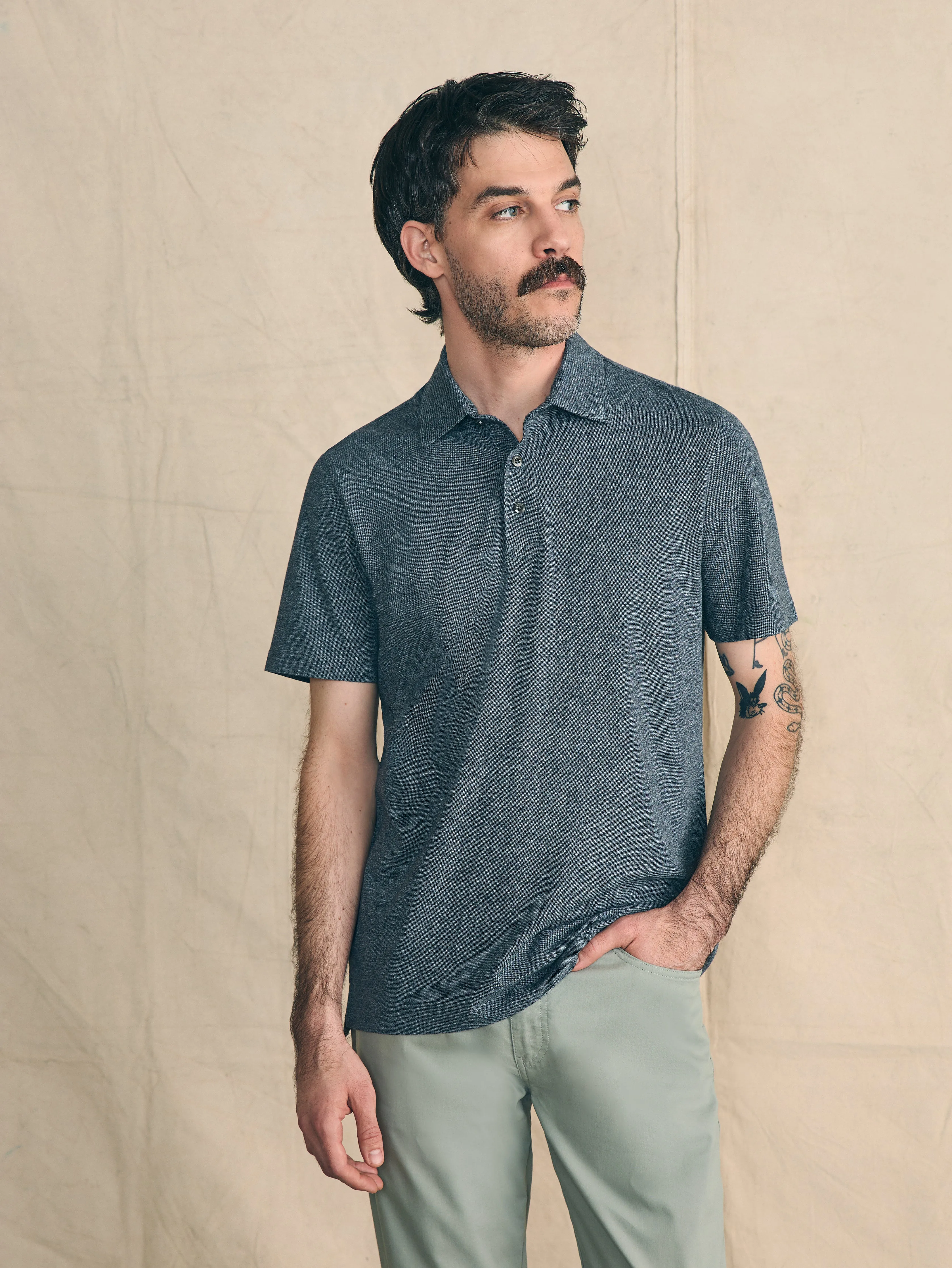 Short-Sleeve Movement™ Pique Polo - Dusty Iron Heather sold by Faherty product image thumbnail 2