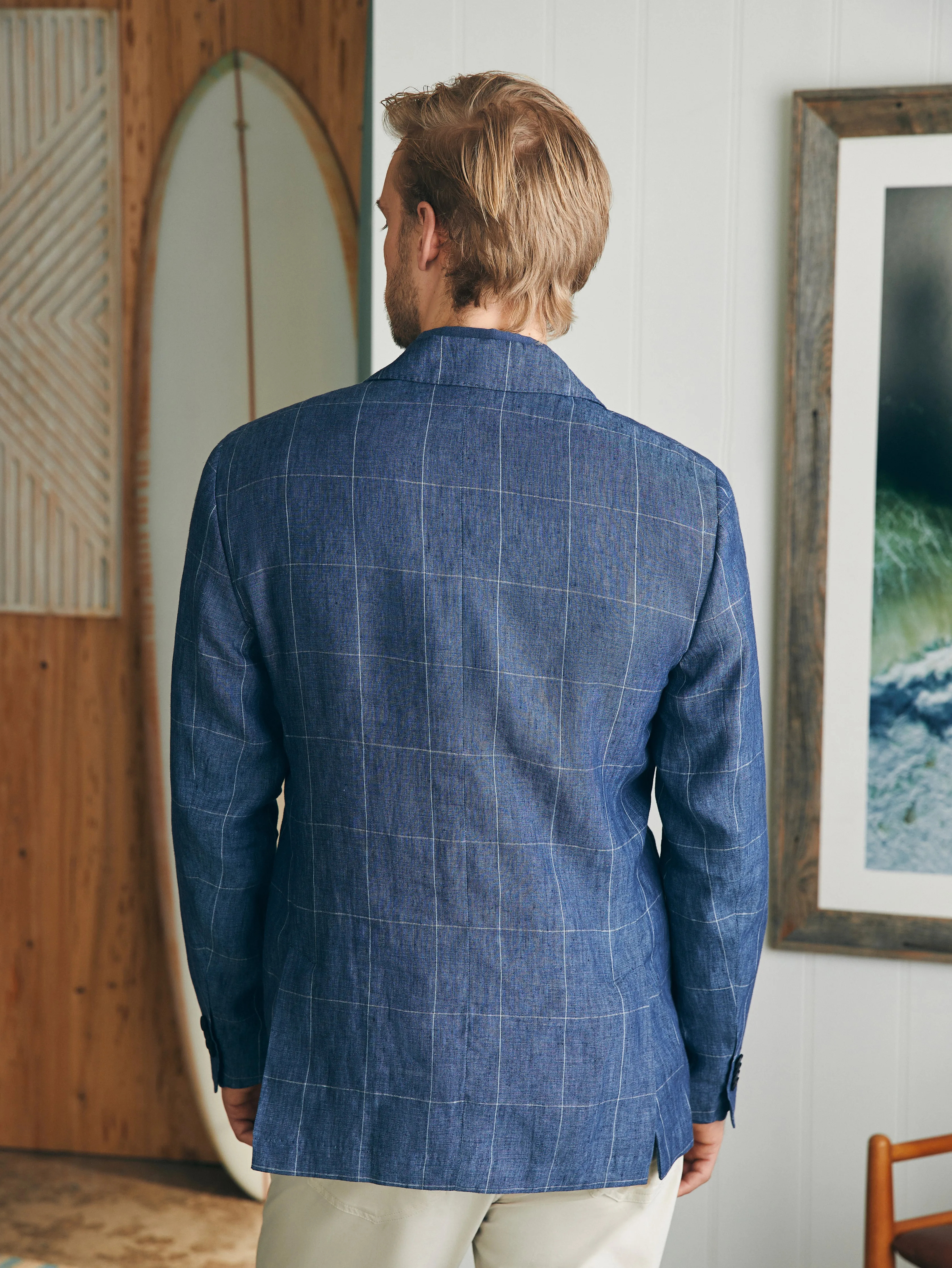Reserve Linen Windowpane Blazer - Blue Steel Plaid sold by Faherty product image thumbnail 5