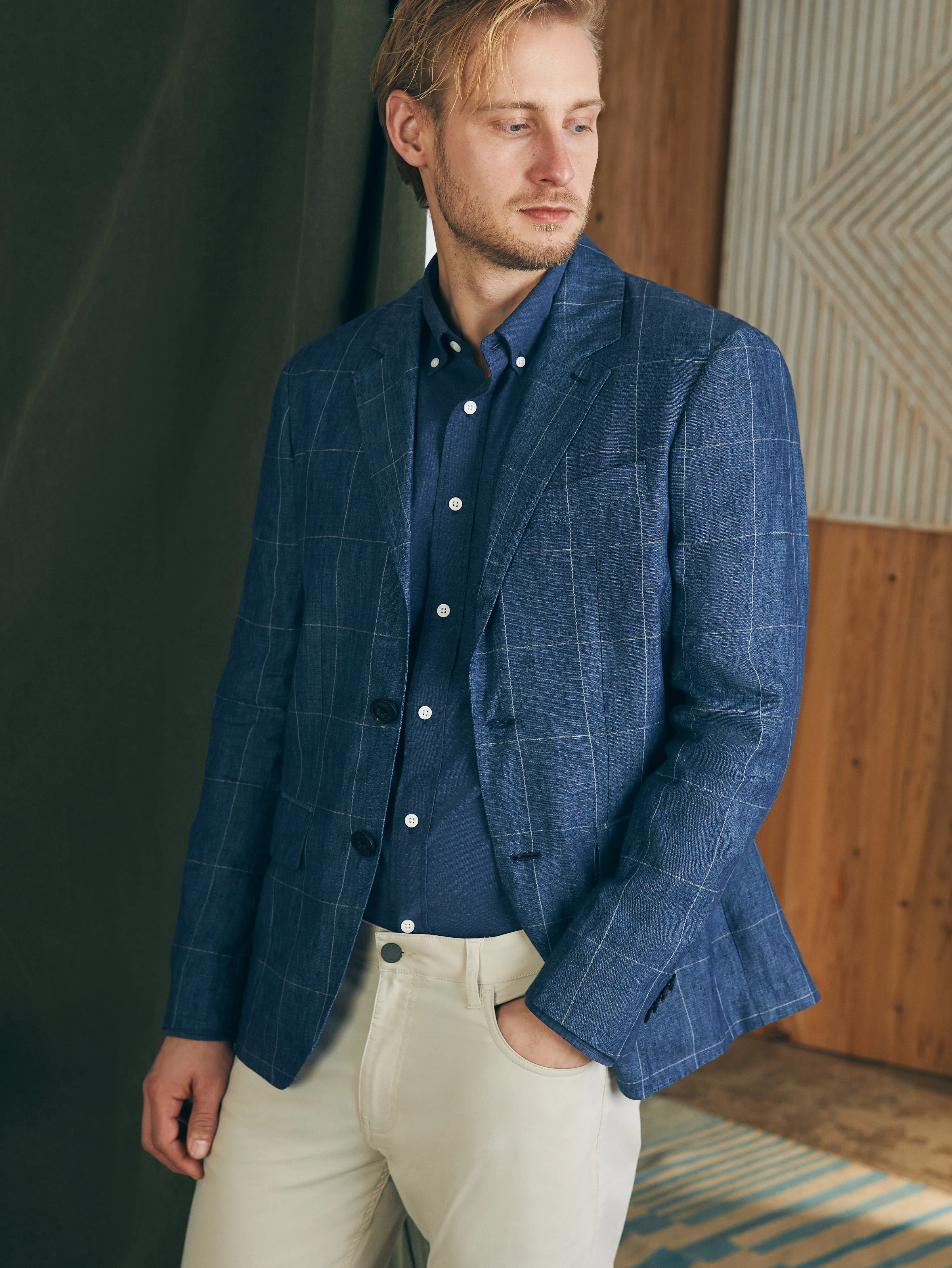 Reserve Linen Windowpane Blazer - Blue Steel Plaid sold by Faherty