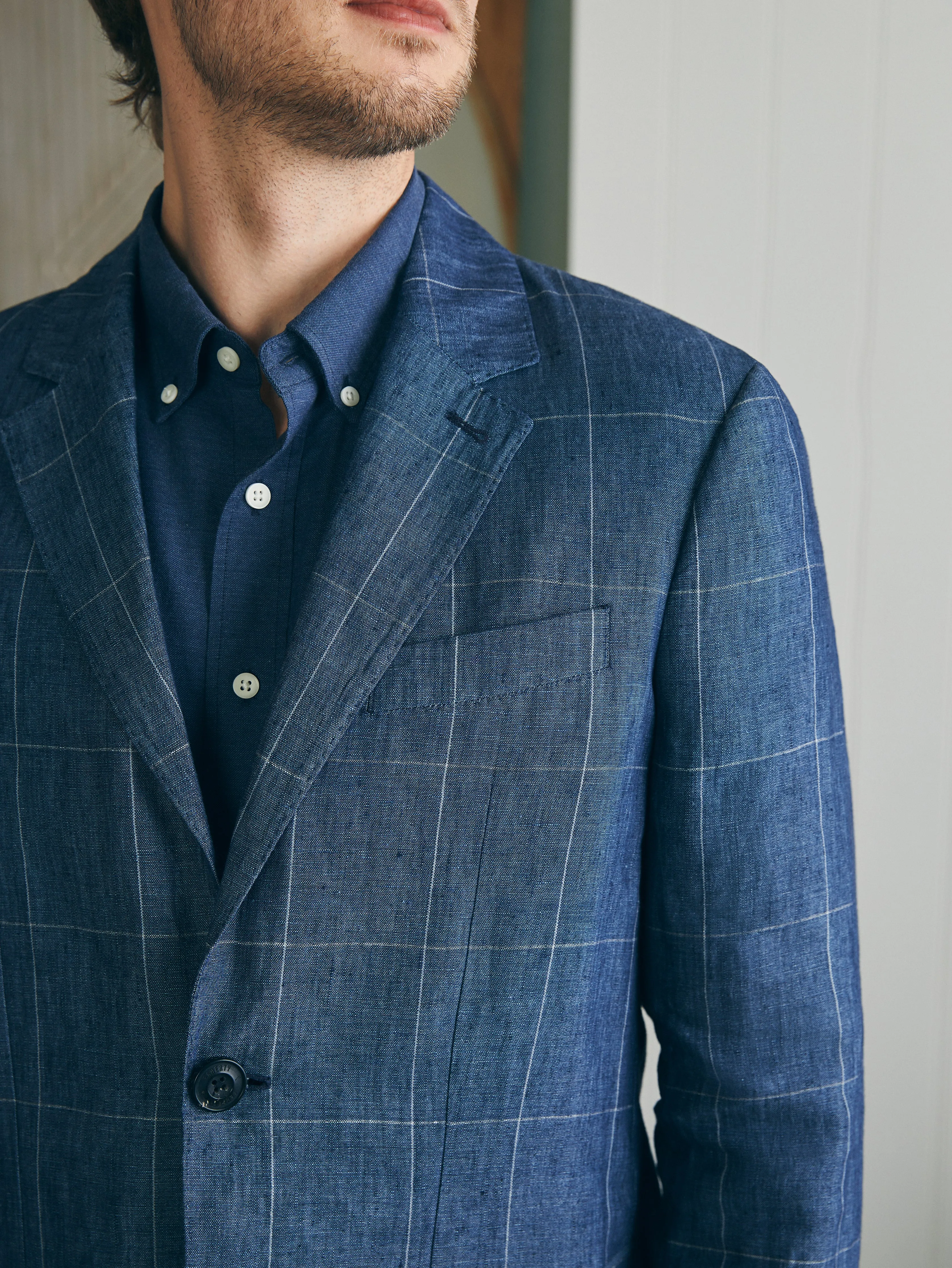 Reserve Linen Windowpane Blazer - Blue Steel Plaid sold by Faherty product image thumbnail 2