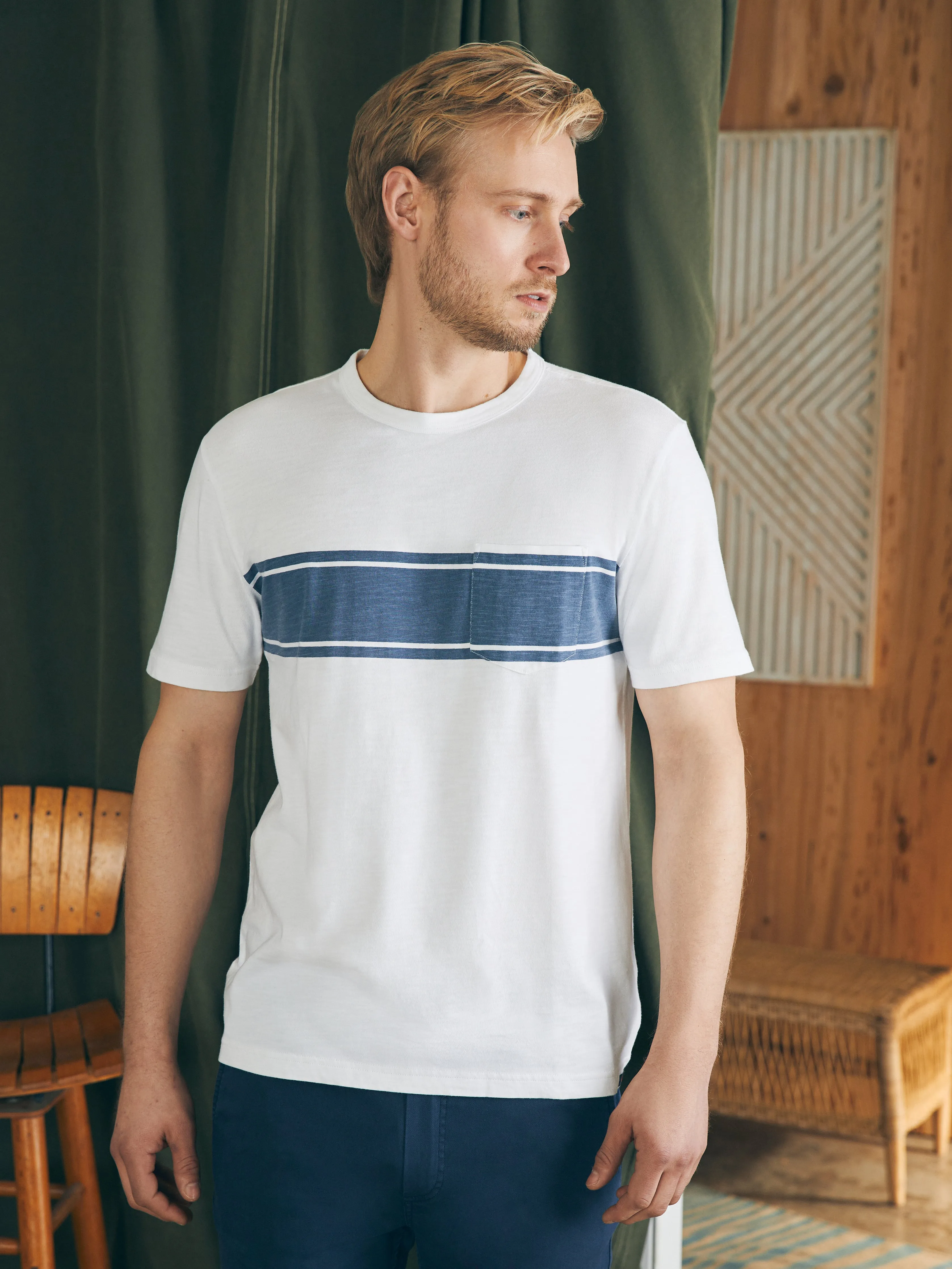 Surf Stripe Sunwashed Pocket Tee - White sold by Faherty