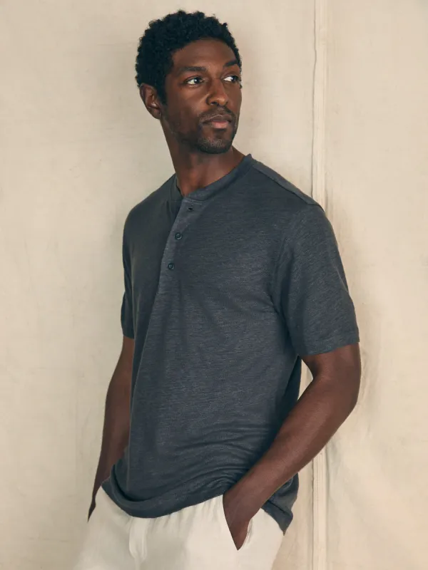 Short-Sleeve Linen Henley - Black Iron sold by Faherty