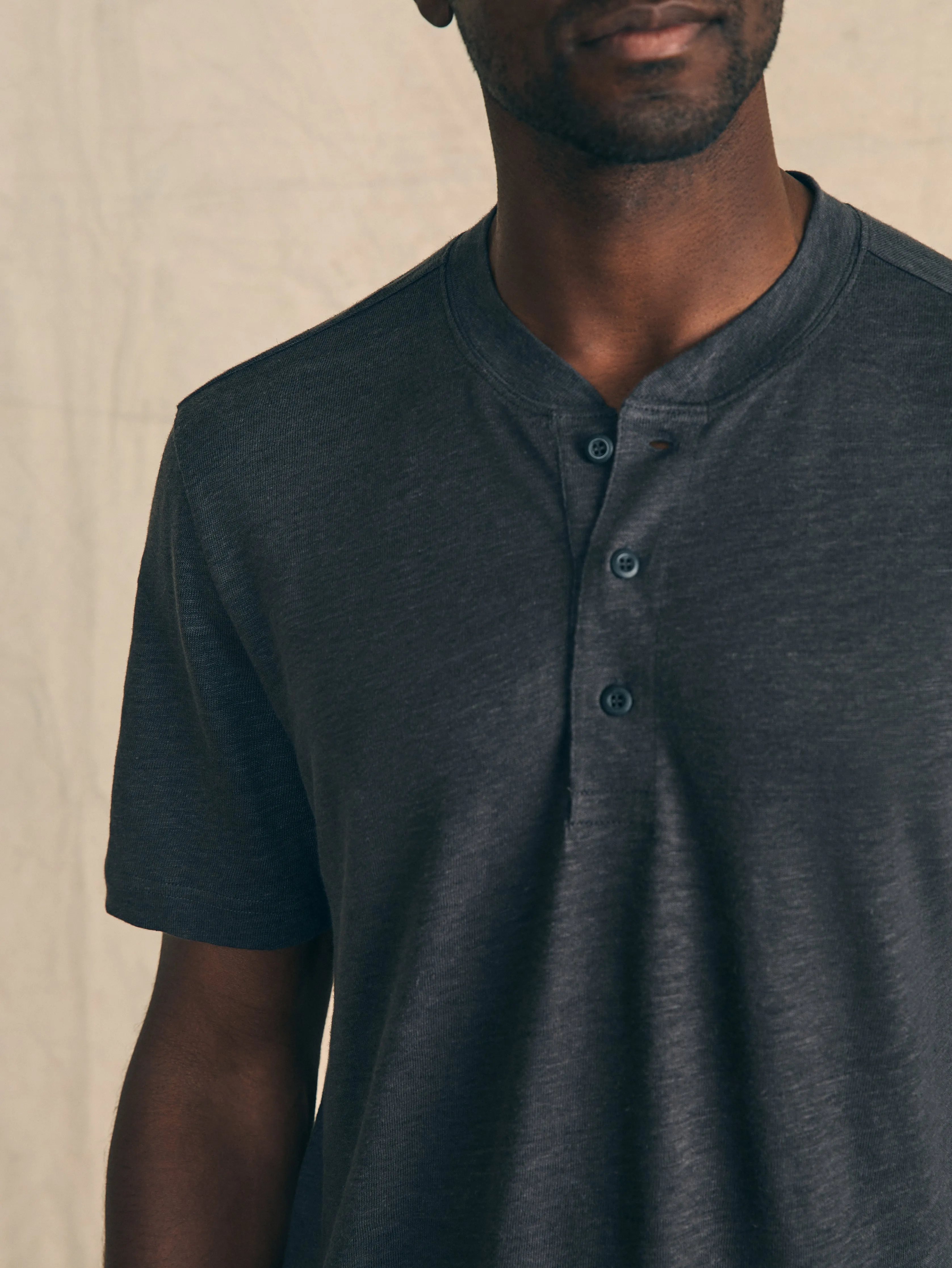 Short-Sleeve Linen Henley - Black Iron sold by Faherty product image thumbnail 2