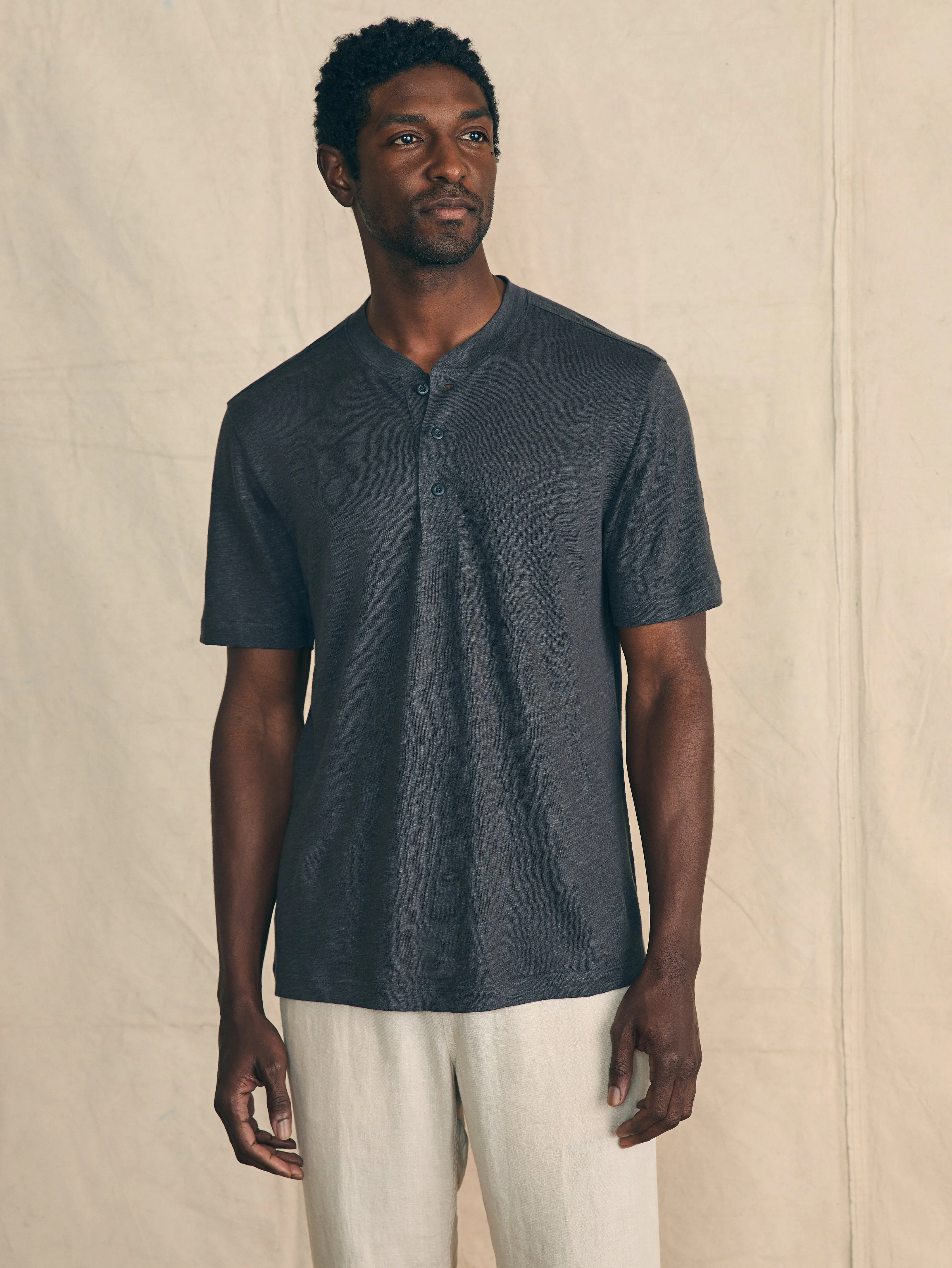 Short-Sleeve Linen Henley - Black Iron sold by Faherty product image thumbnail 3