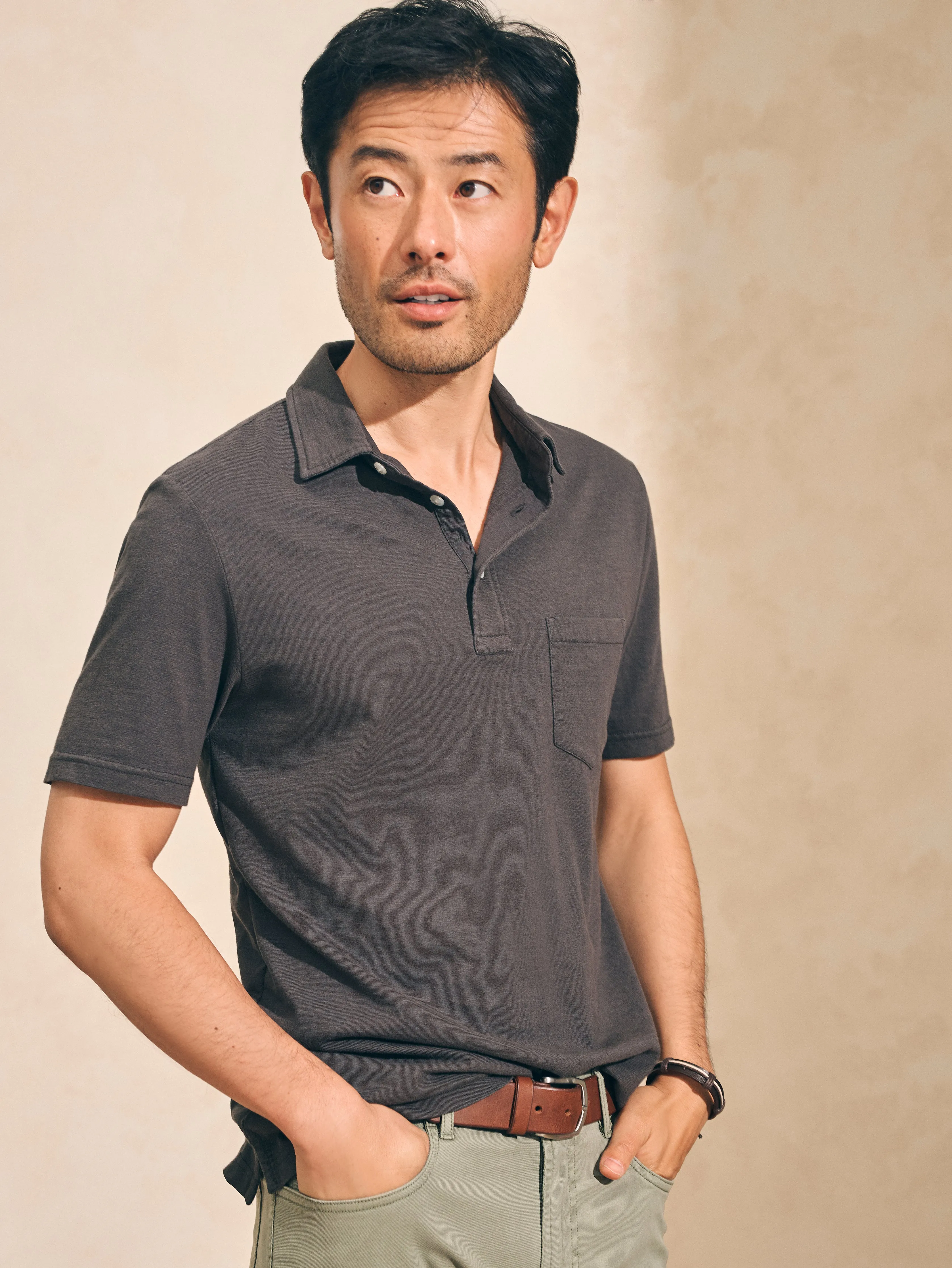 Sunwashed T-Shirt Polo - Washed Black sold by Faherty