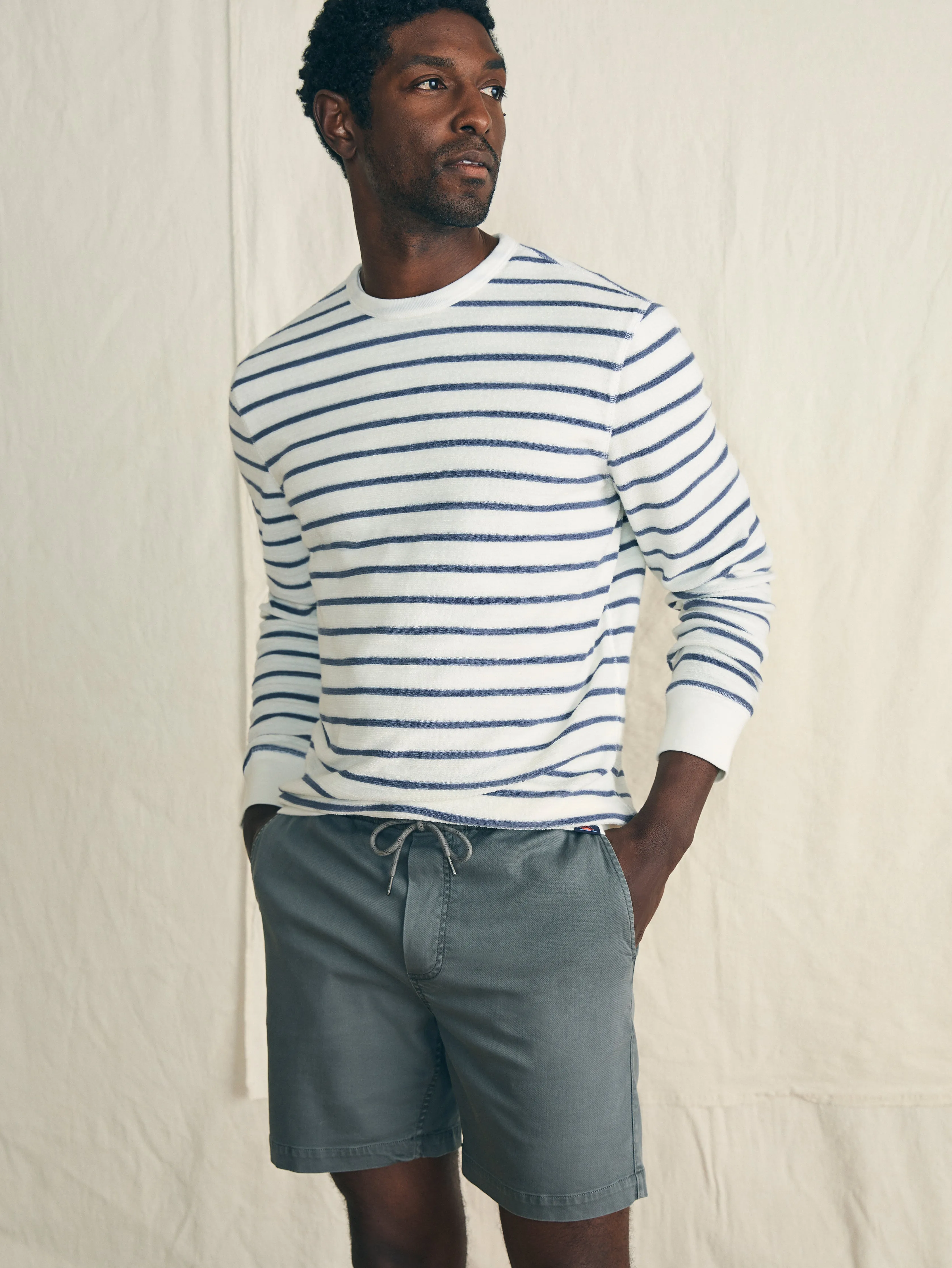 Cabana Towel Terry Crewneck - Stormy Sky Breton Stripe sold by Faherty product image thumbnail 3