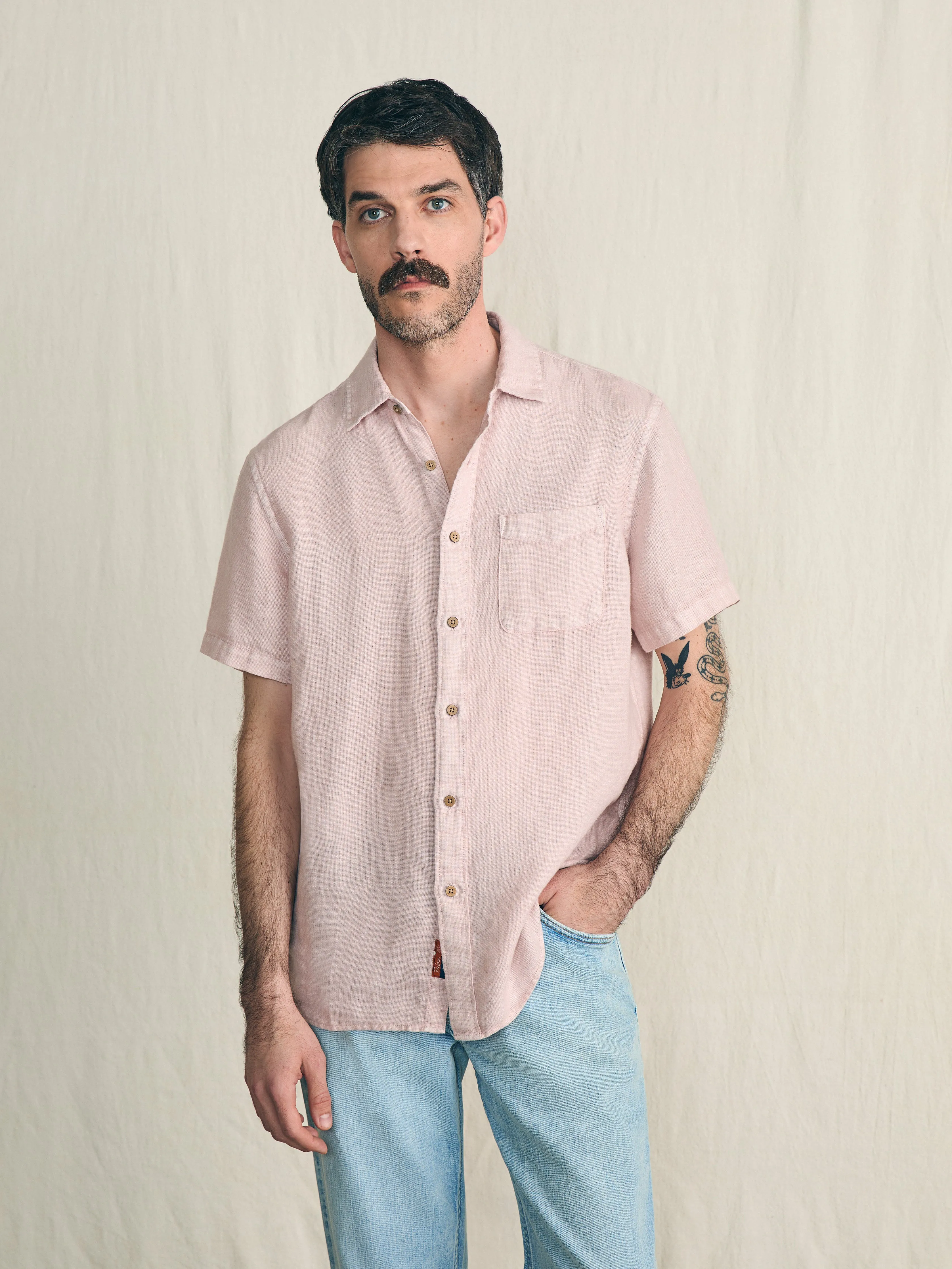 Short-Sleeve Palma Linen Shirt - Coastal Mauve sold by Faherty