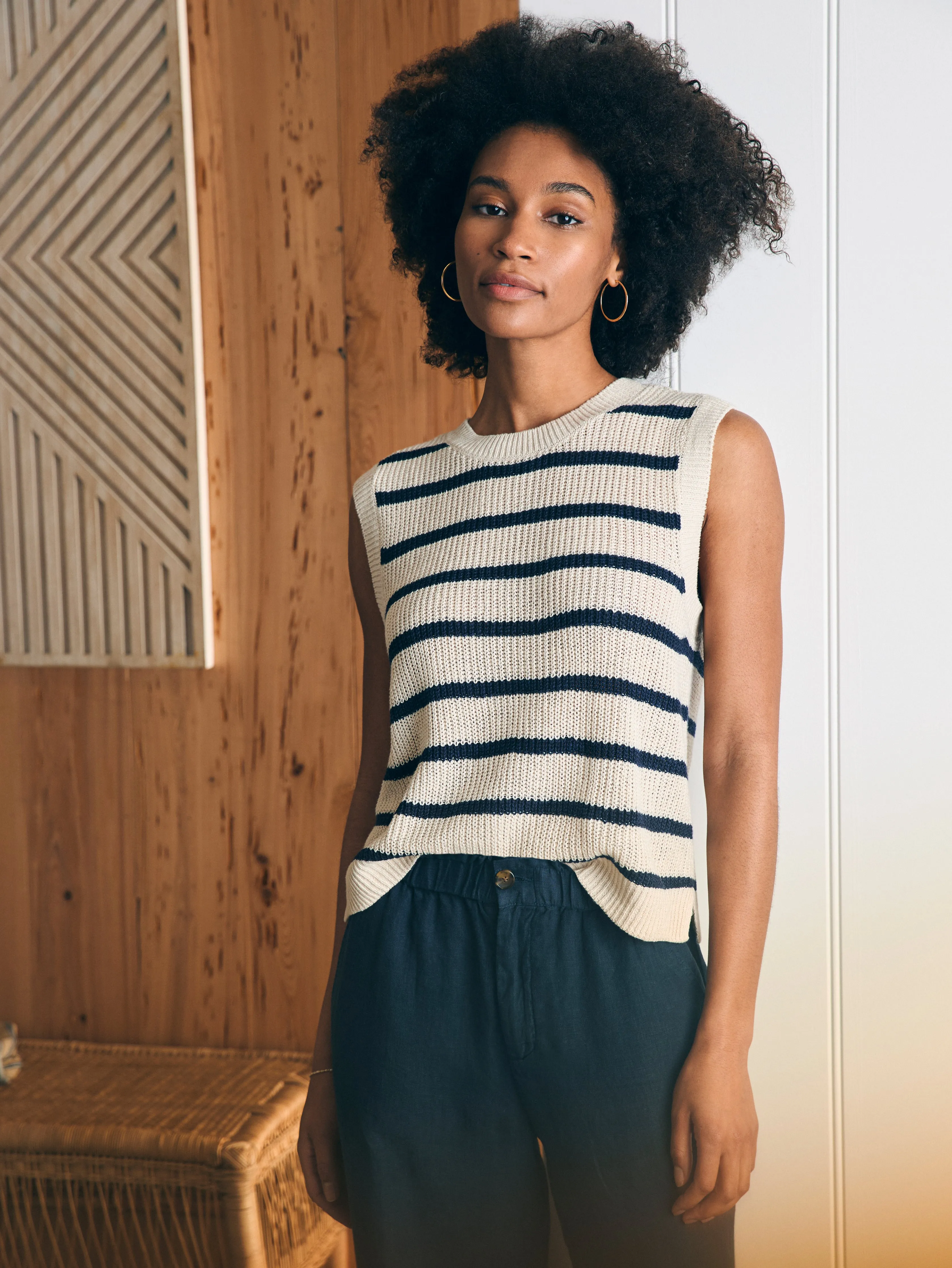 Miramar Linen Muscle Tank - Montauk Stripe sold by Faherty