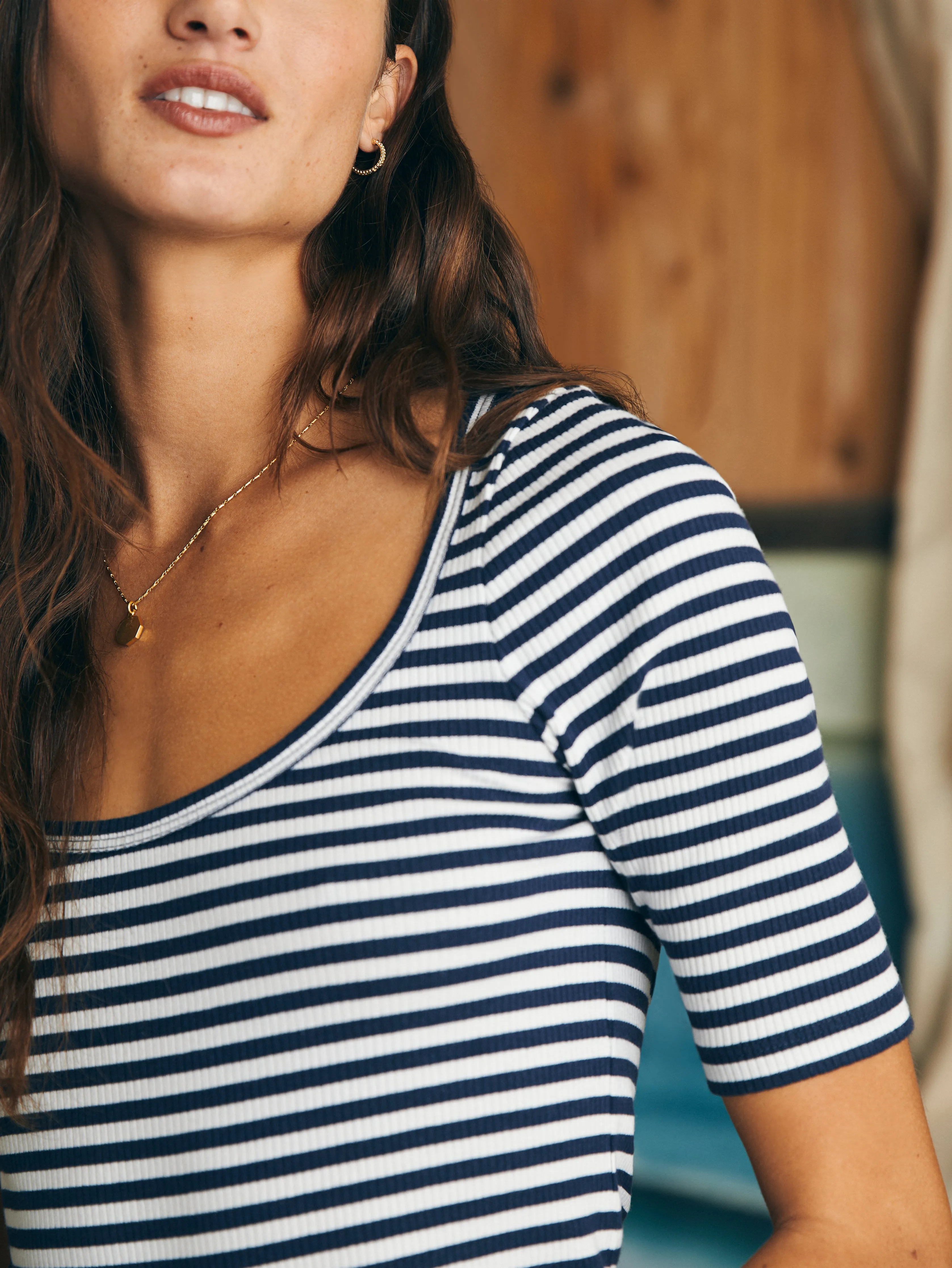Freestyle Rib Elbow Sleeve Knit Tee - Seaside Stripe sold by Faherty product image thumbnail 2