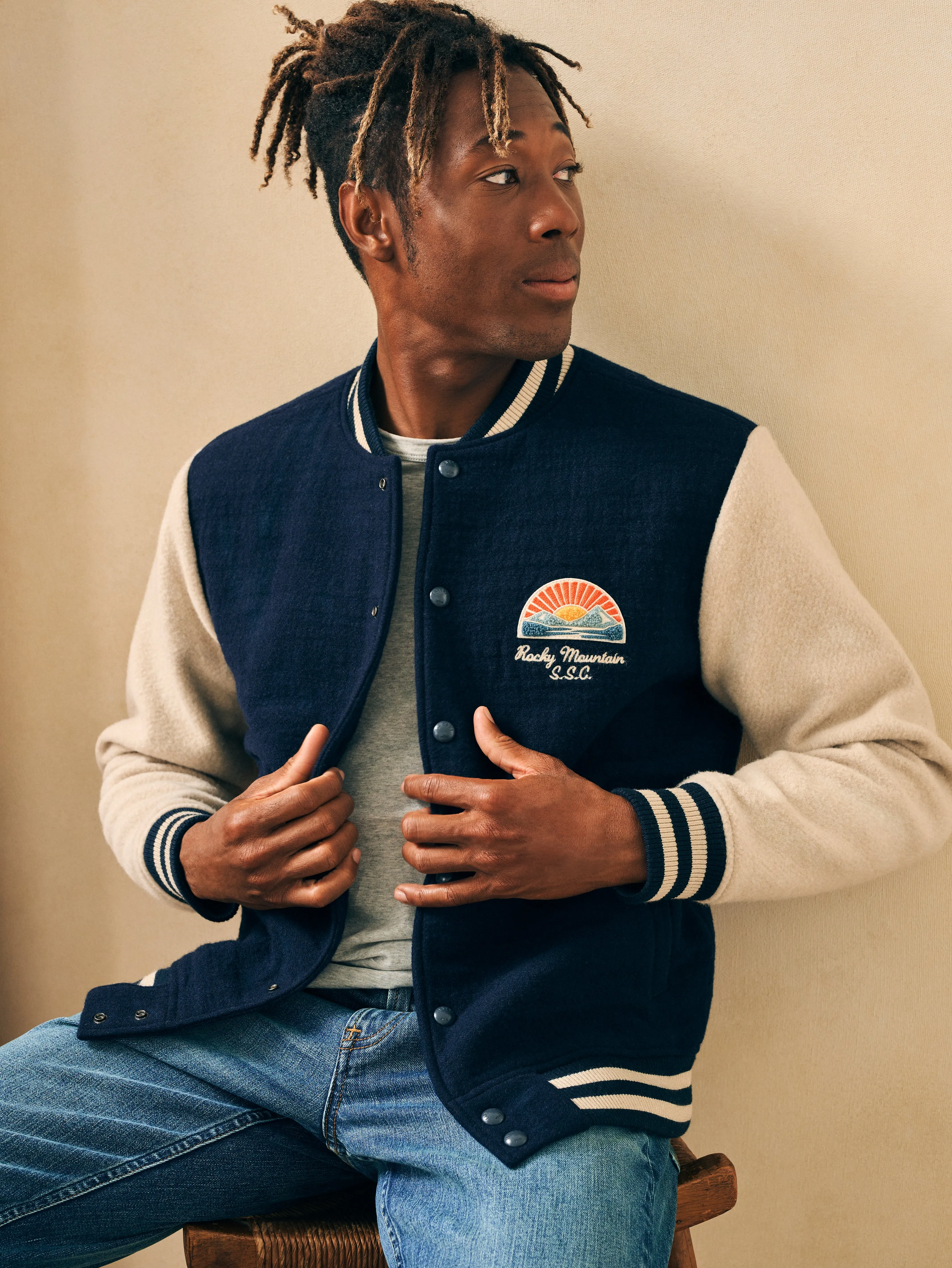 Varsity Jacket - Navy sold by Faherty