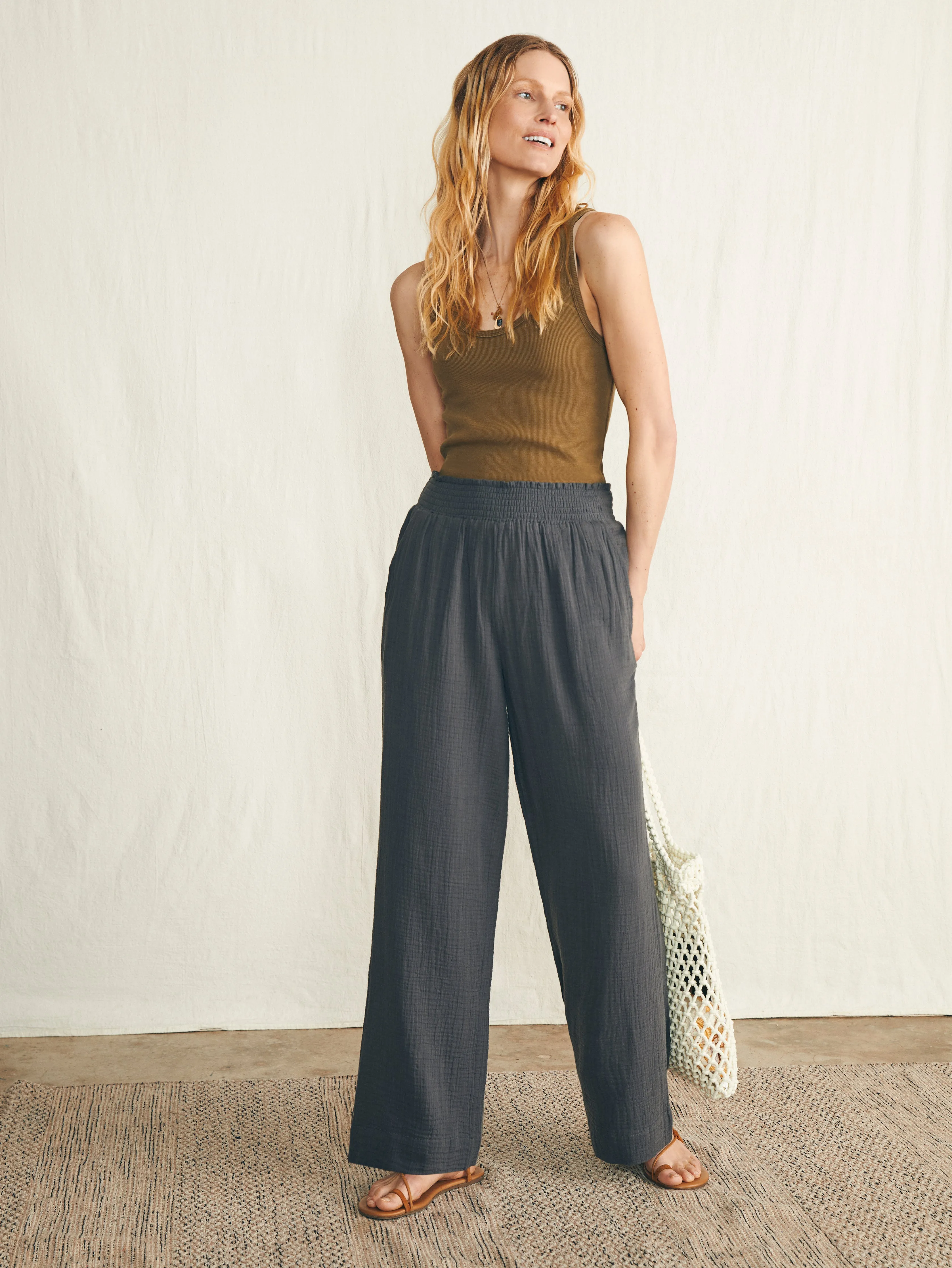 Dream Cotton Gauze Wide Leg Pant - Washed Black sold by Faherty