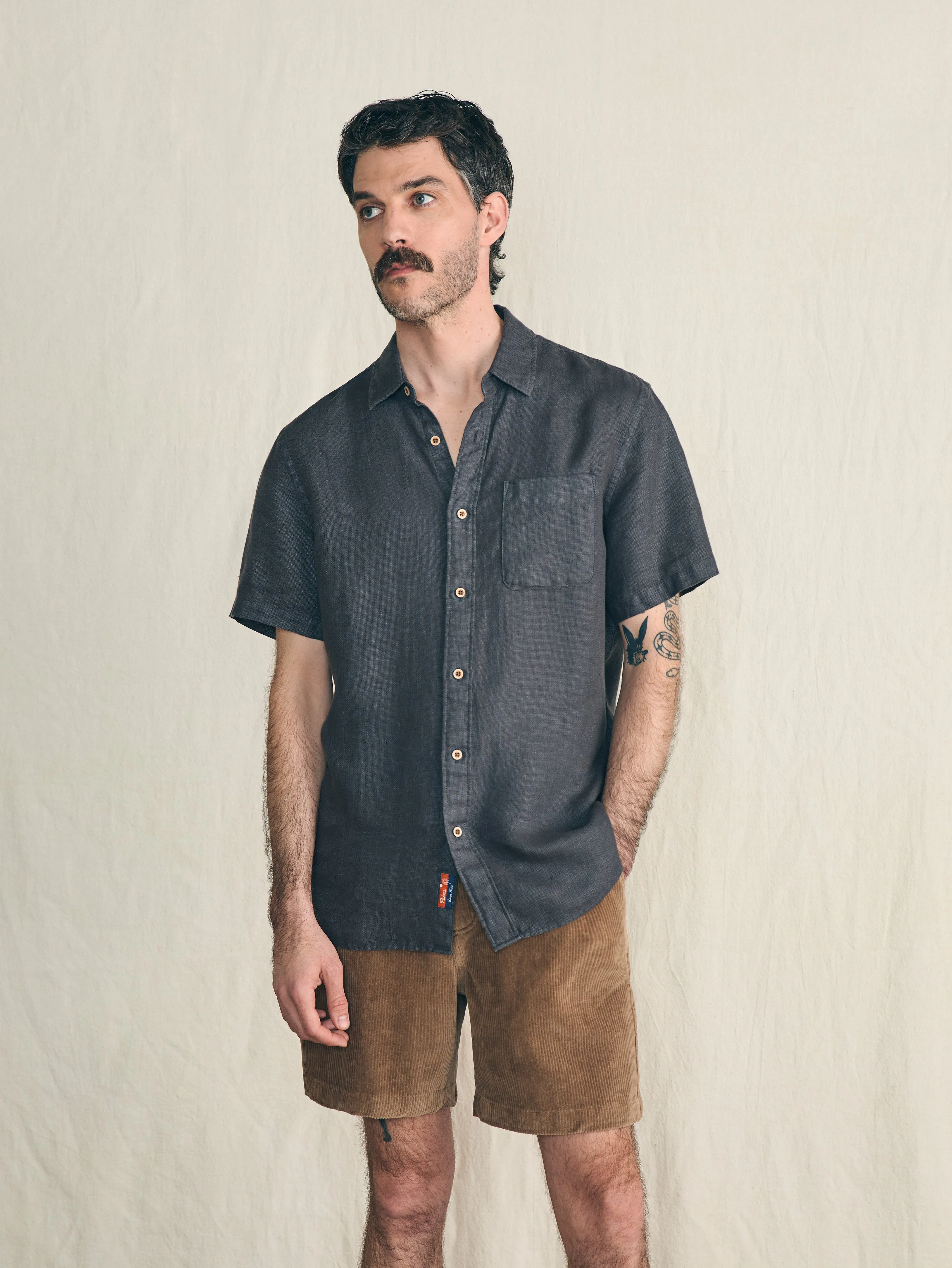 Short-Sleeve Palma Linen Shirt - Washed Black Basketweave sold by Faherty
