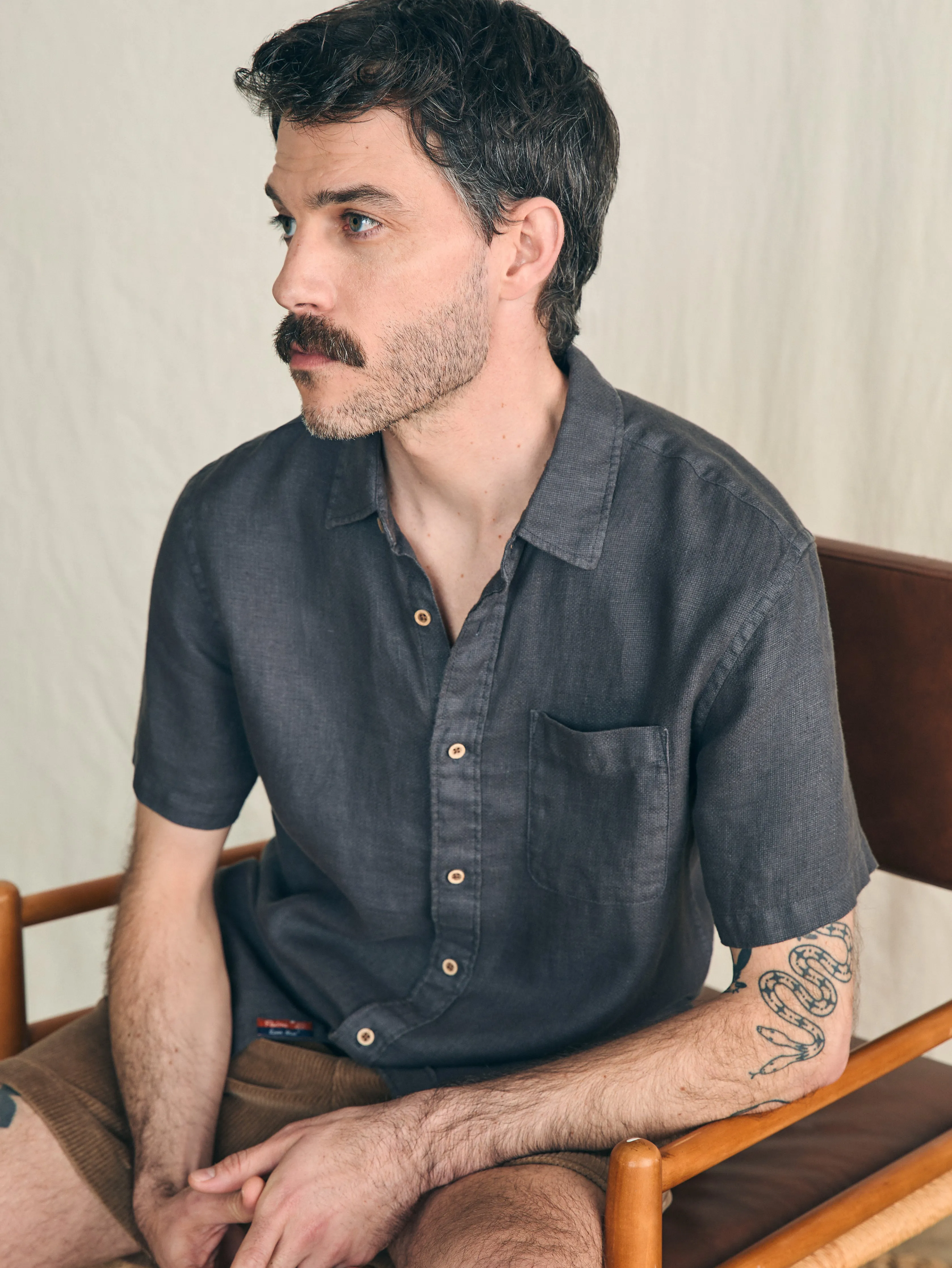 Short-Sleeve Palma Linen Shirt - Washed Black Basketweave sold by Faherty product image thumbnail 5
