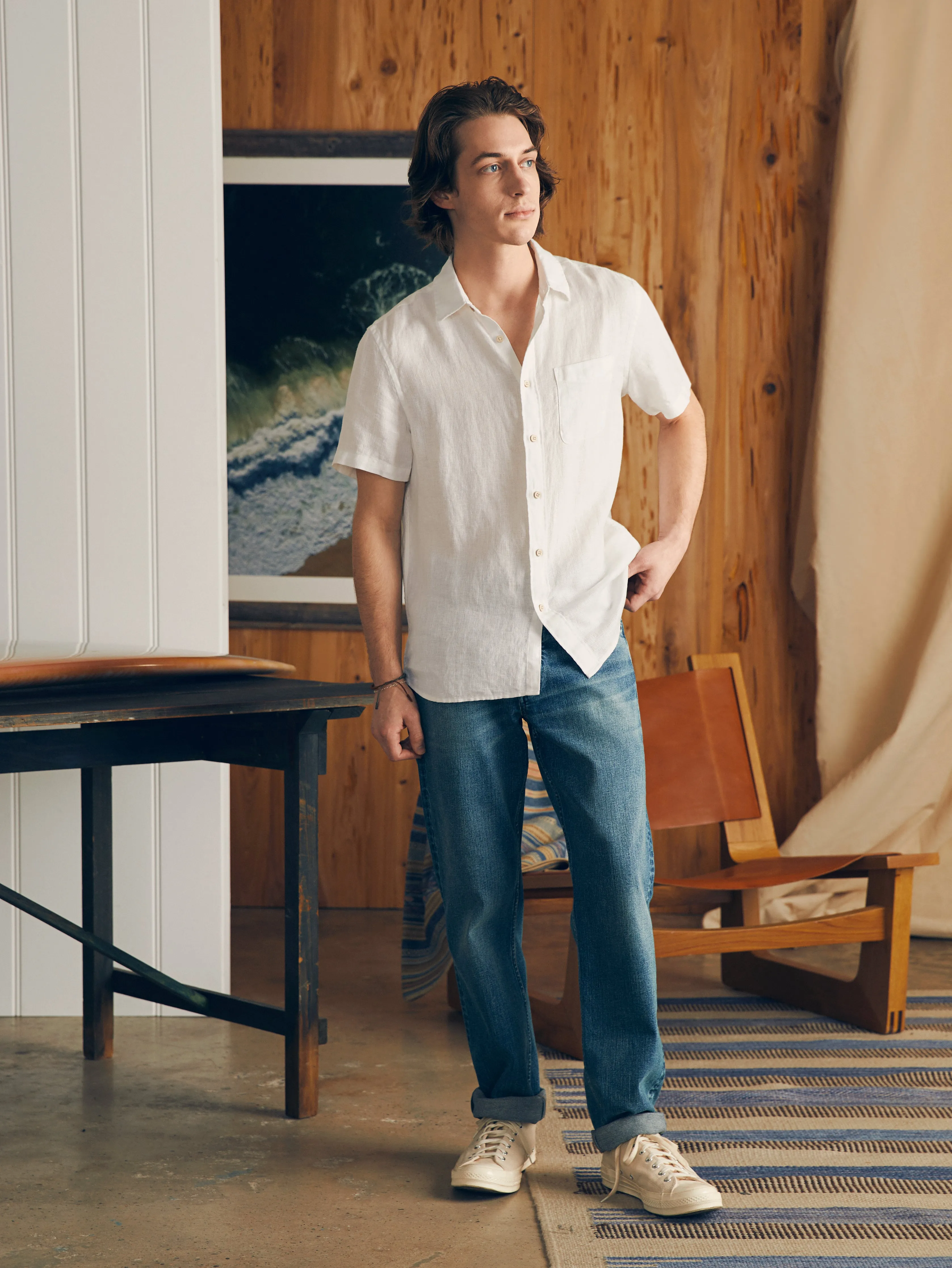 Short-Sleeve Palma Linen Shirt - Bright White Basketweave sold by Faherty product image thumbnail 4
