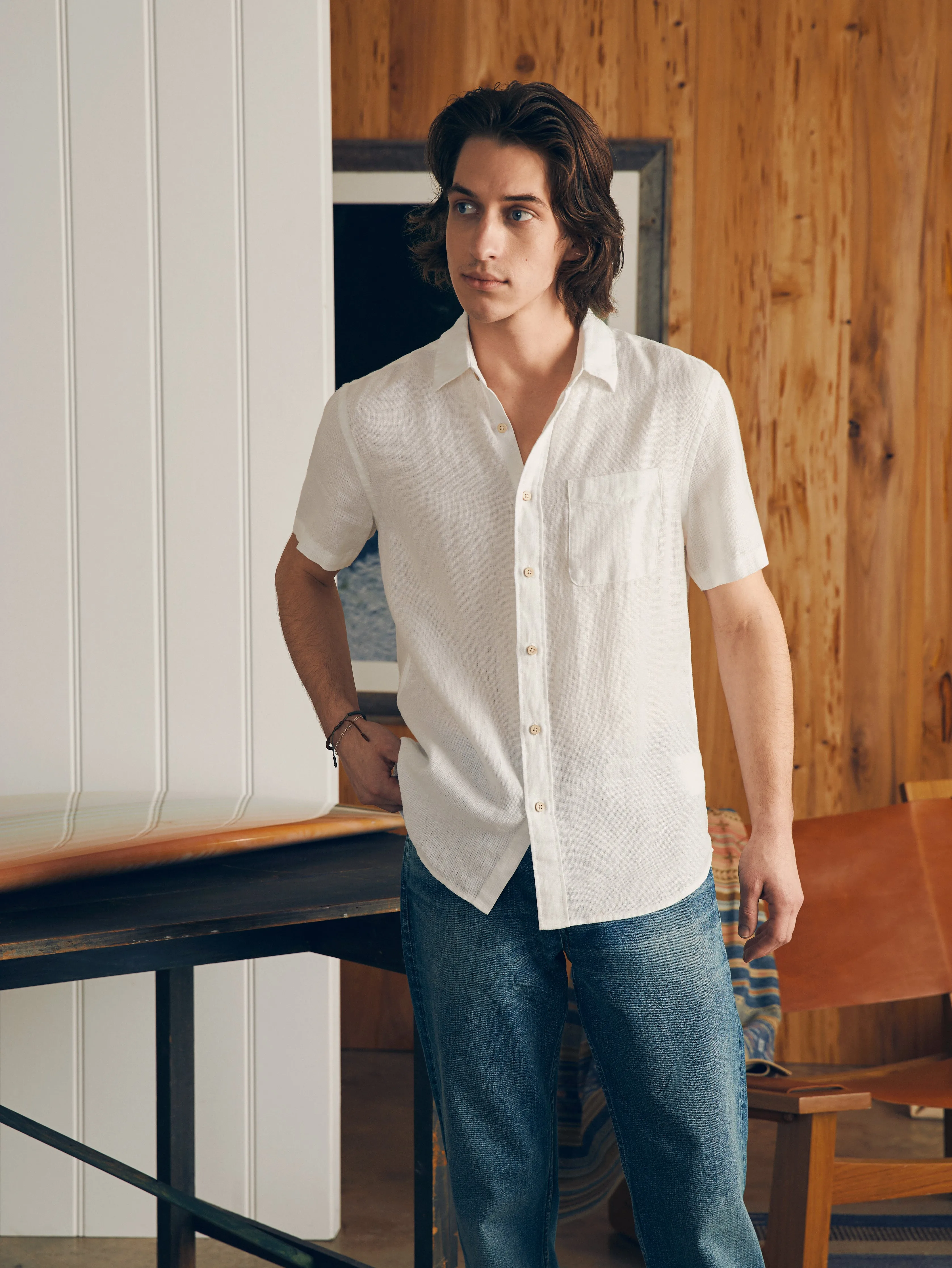 Short-Sleeve Palma Linen Shirt - Bright White Basketweave sold by Faherty