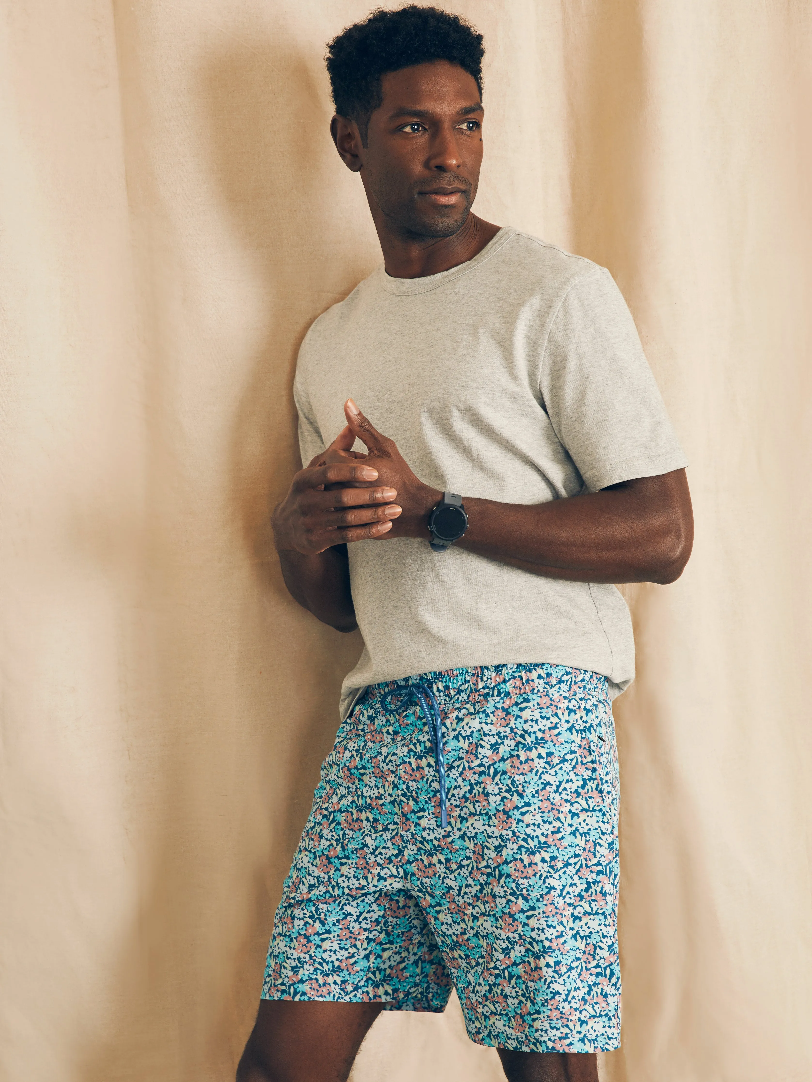 Shorelite Active Swim Short (7" Inseam) - Seafoam Beach Blossom sold by Faherty