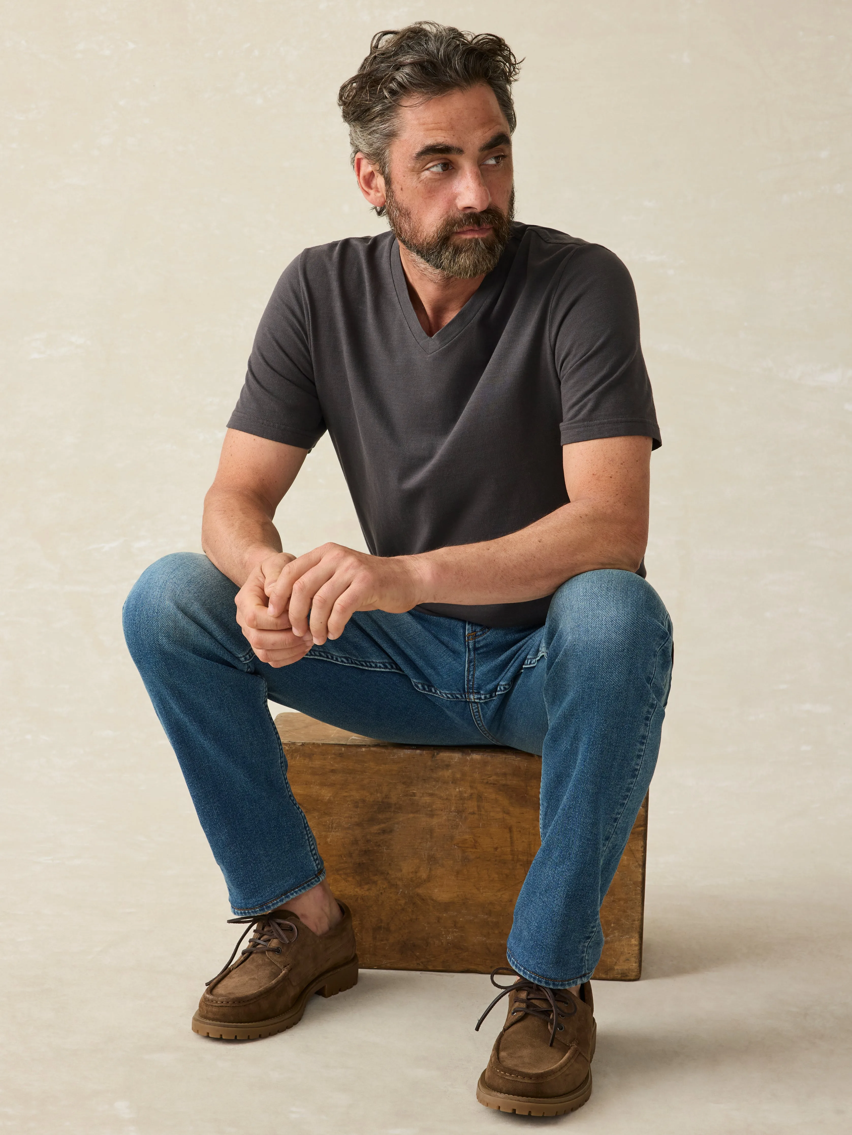 Sunwashed V-Neck Tee - Washed Black sold by Faherty