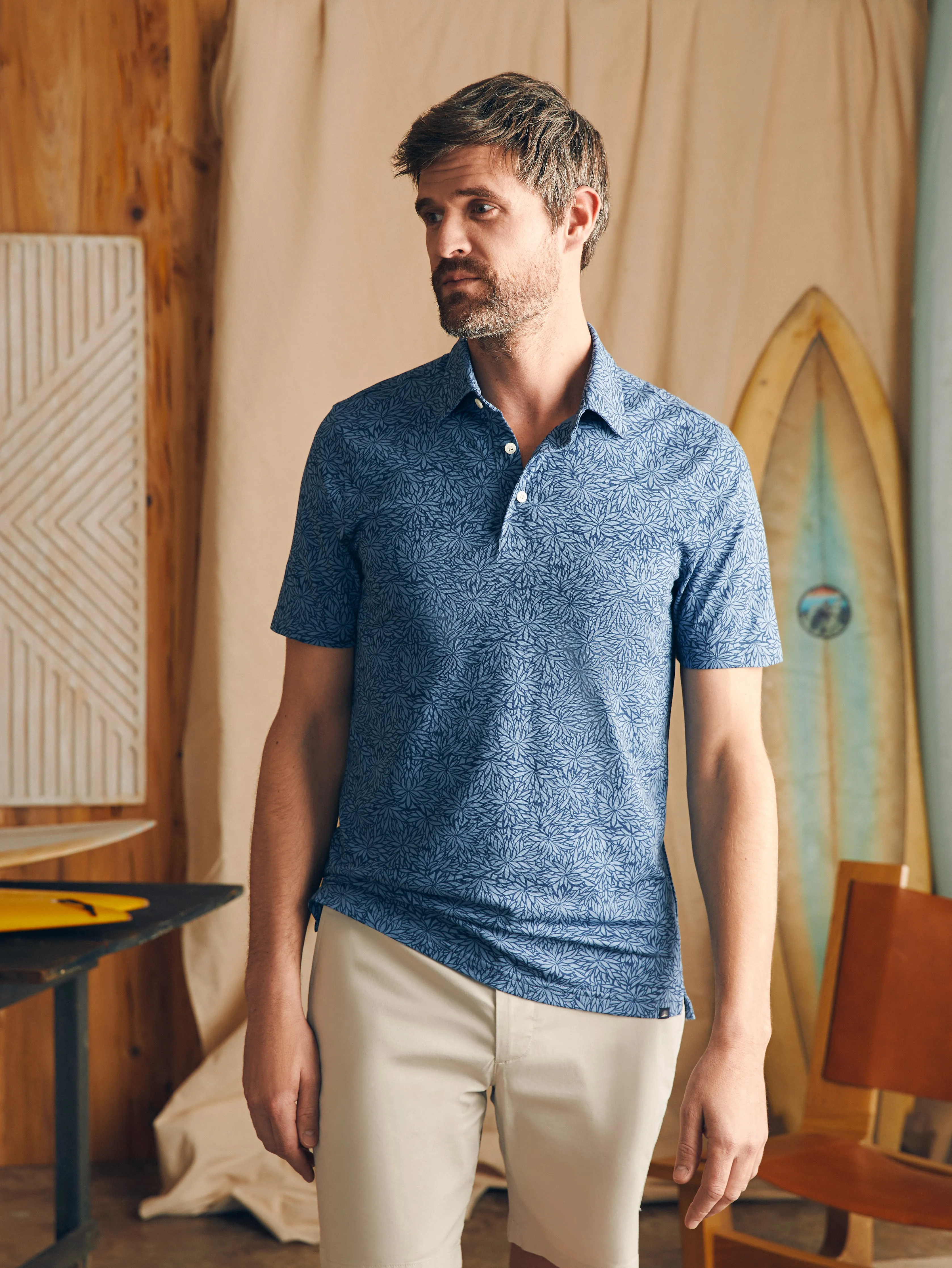Short-Sleeve Movement™ Pique Polo - Horizon Blue Frond Print sold by Faherty product image thumbnail 2