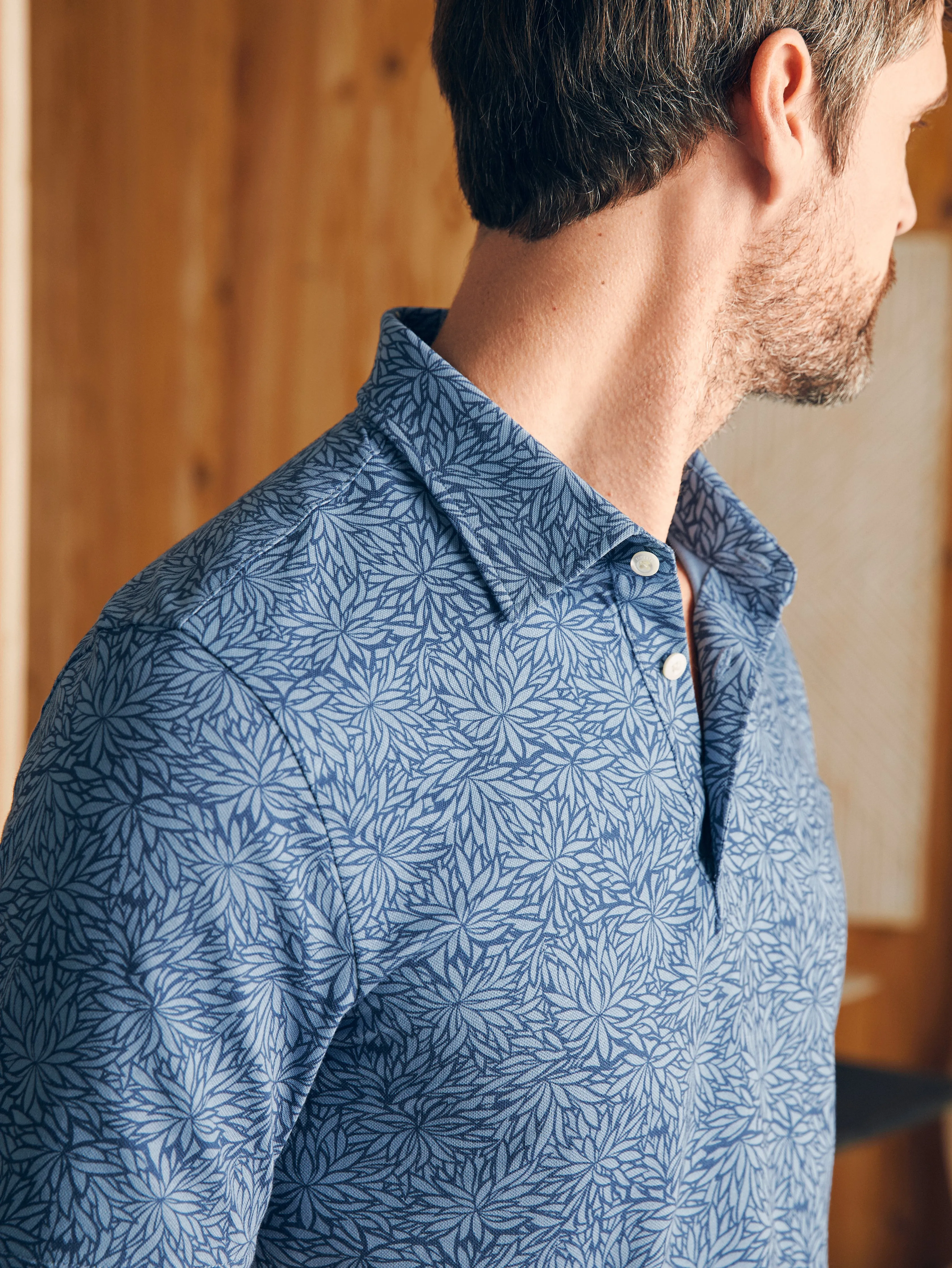 Short-Sleeve Movement™ Pique Polo - Horizon Blue Frond Print sold by Faherty