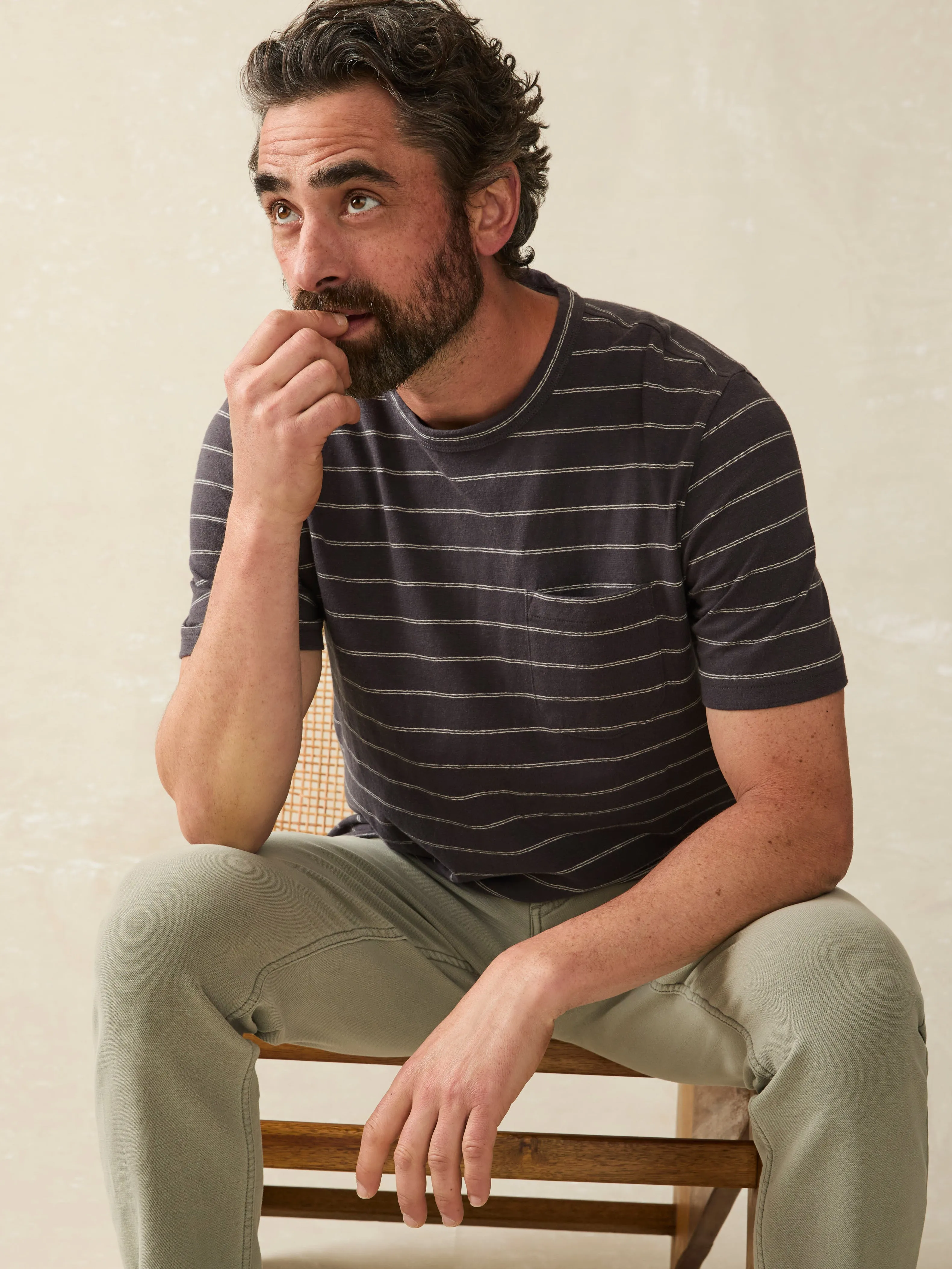 Short-Sleeve Hemp Blend Tee - Black Iron Ivory Stripe sold by Faherty