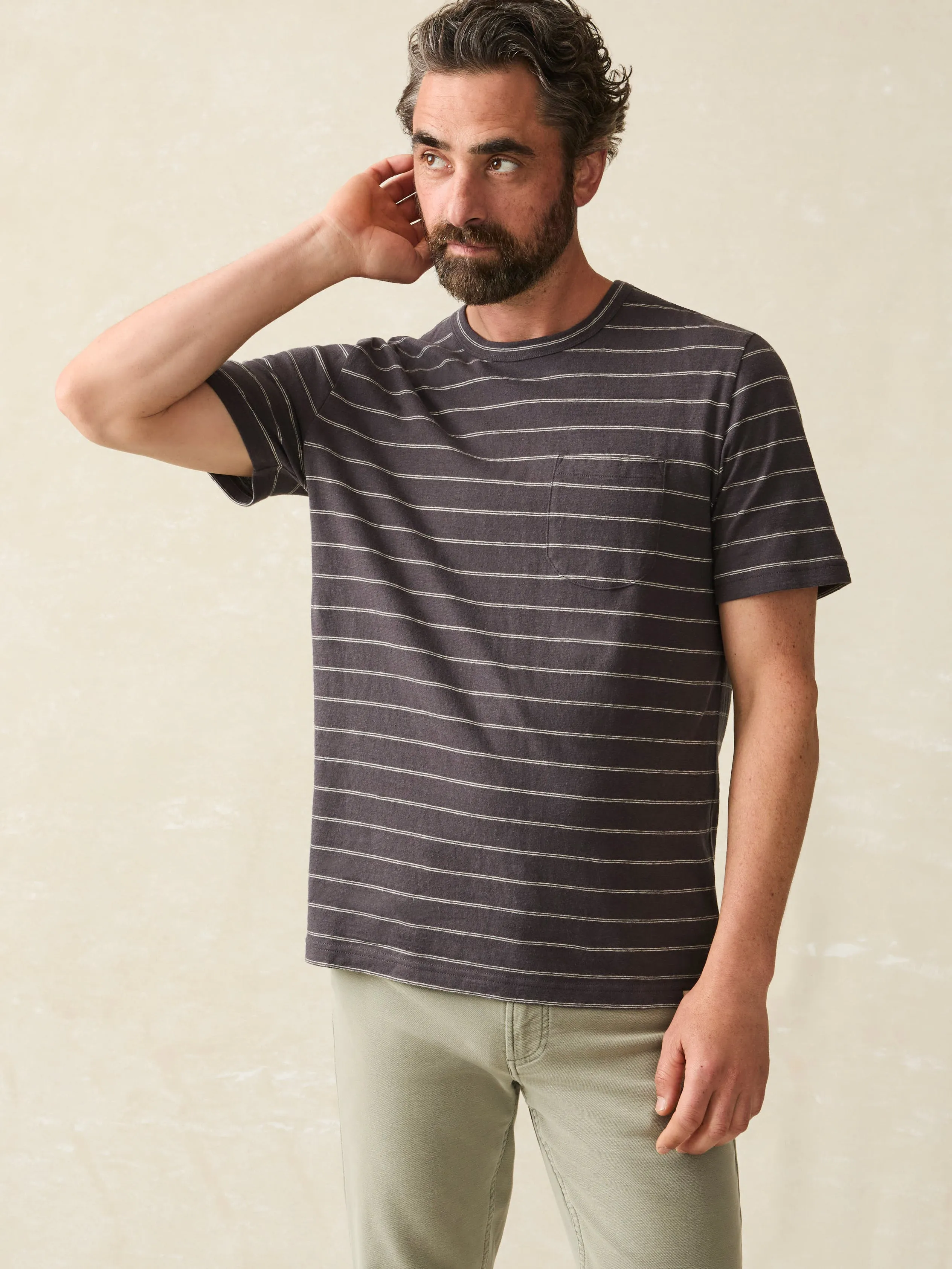 Short-Sleeve Hemp Blend Tee - Black Iron Ivory Stripe sold by Faherty product image thumbnail 2