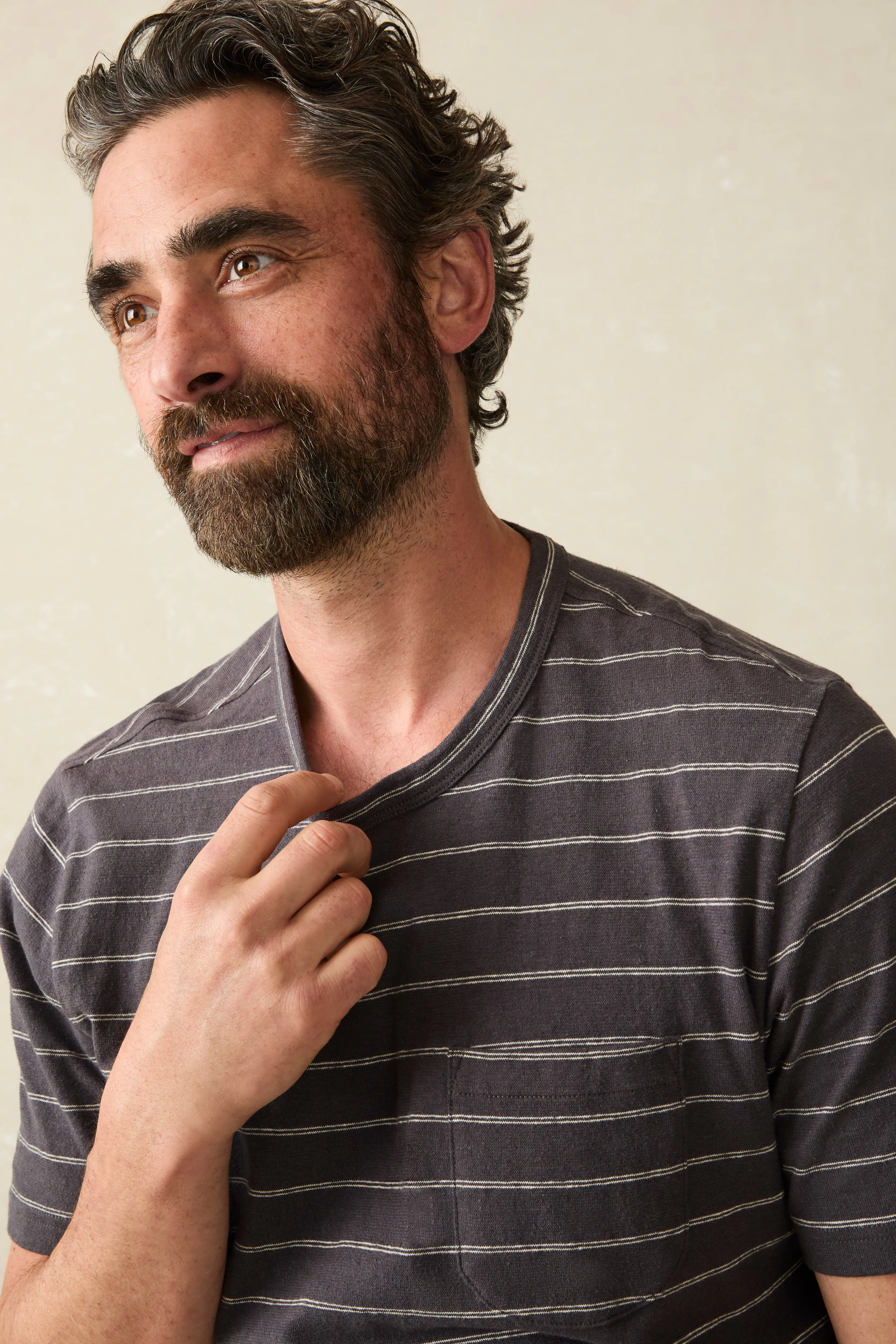 Short-Sleeve Hemp Blend Tee - Black Iron Ivory Stripe sold by Faherty product image thumbnail 3