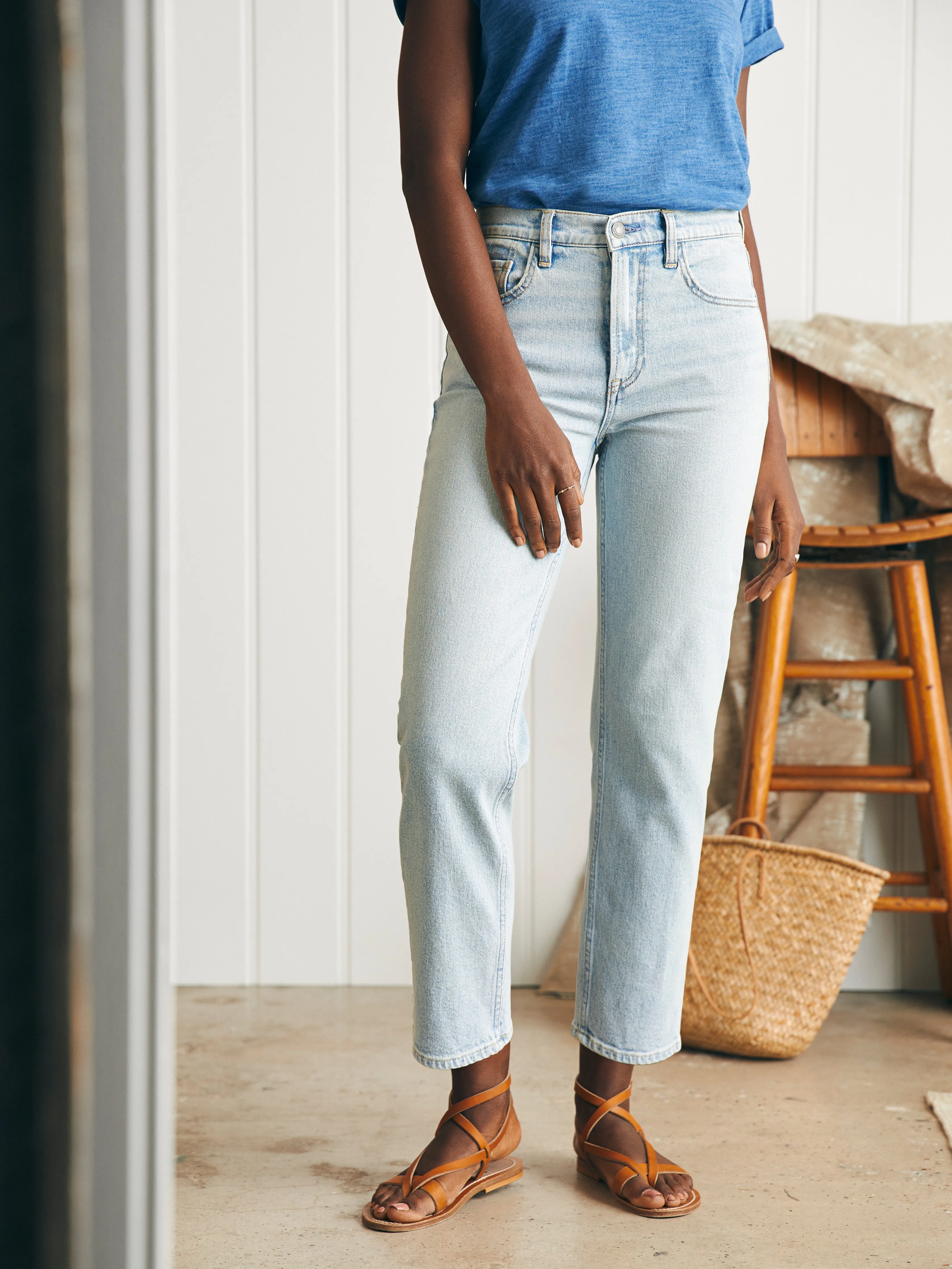 Organic Cotton Slim Straight Ankle Denim - Cloudbreak Wash sold by Faherty