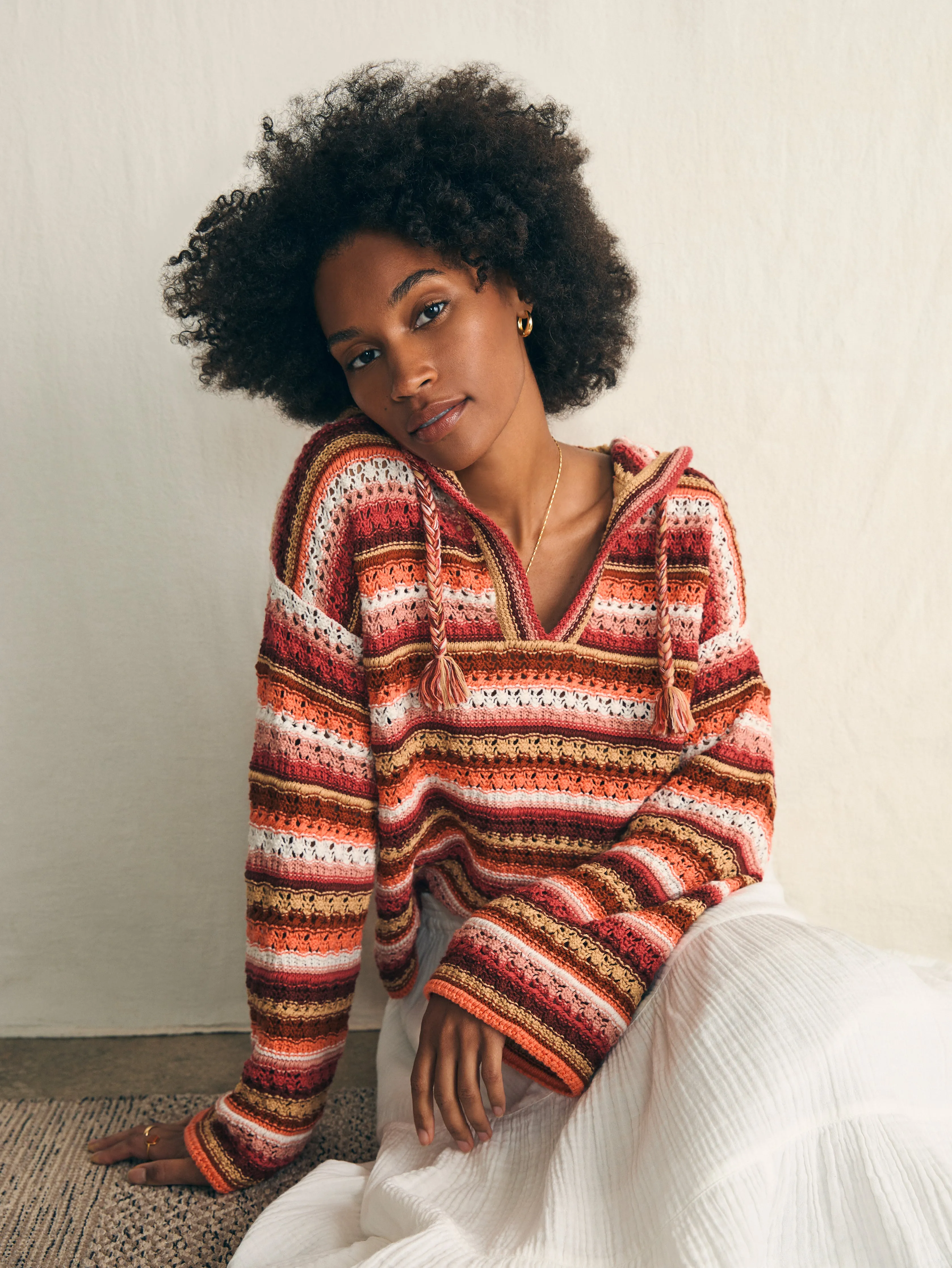 Beach Bonfire Crochet Hoodie - Botanical Stripe sold by Faherty