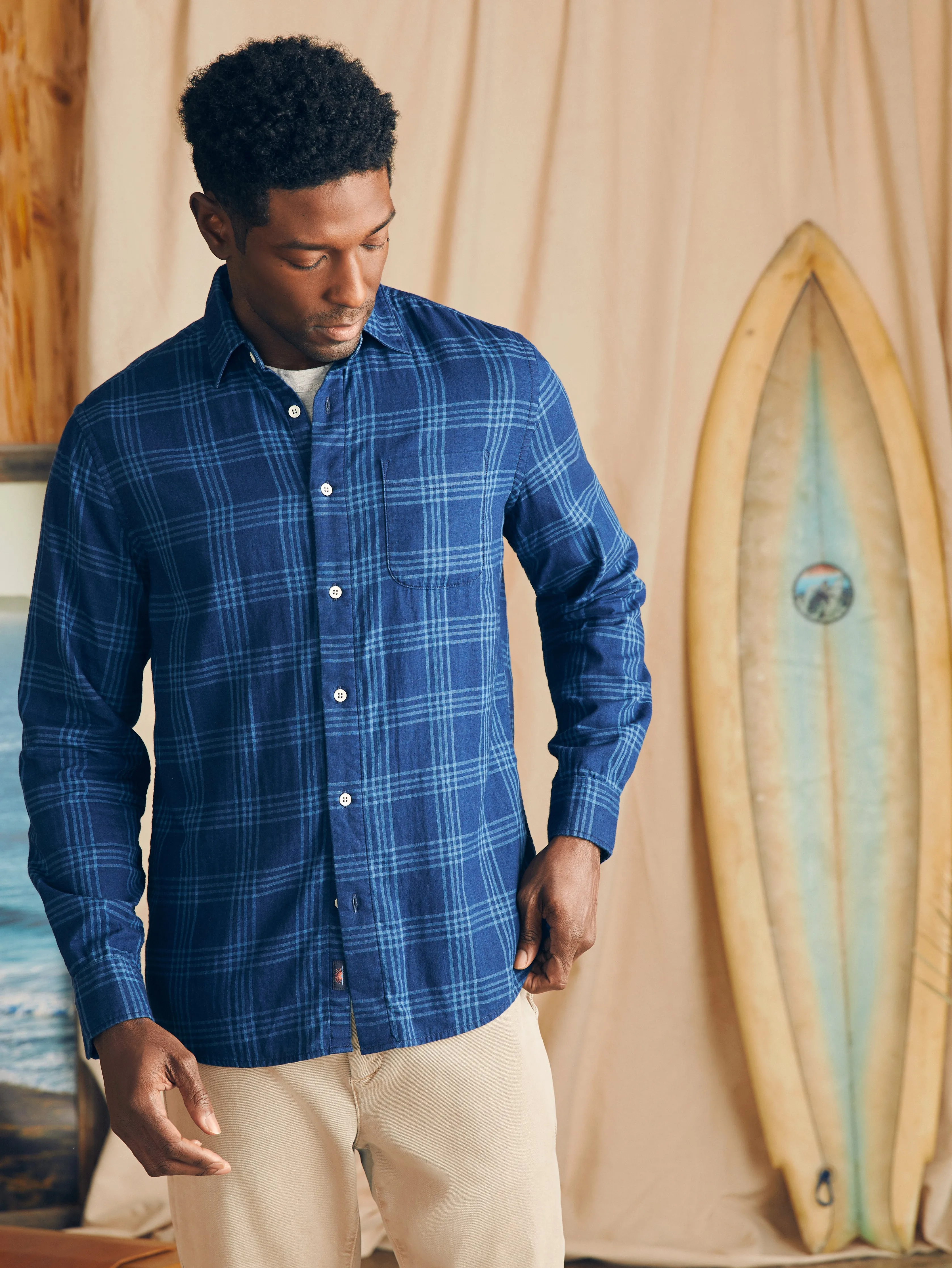 Sunwashed Chambray Shirt - Navy Night Windowpane sold by Faherty