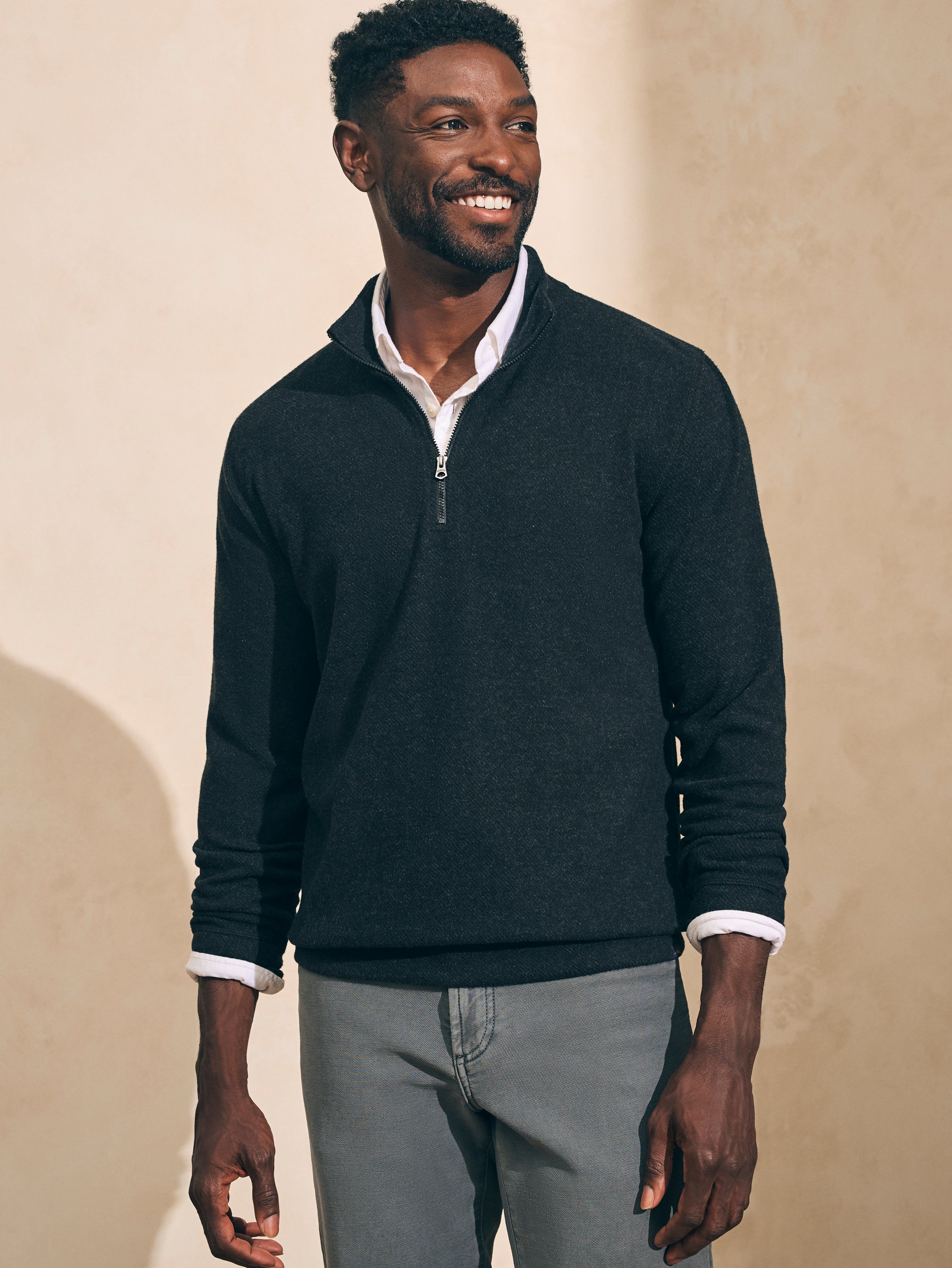 Legend™ Sweater Quarter Zip - Heathered Black Twill sold by Faherty