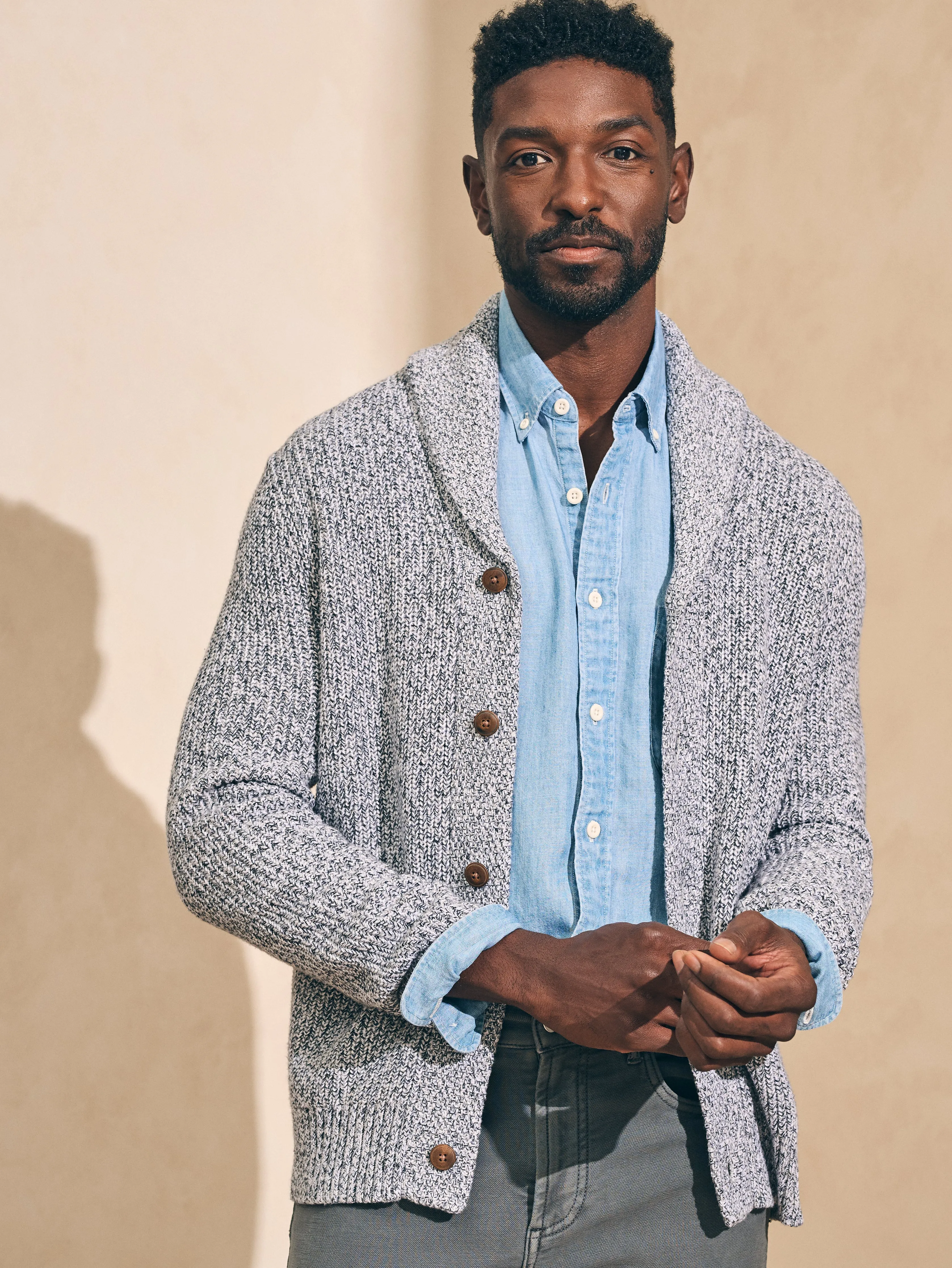 Marled Cotton Cardigan - Light Grey Marl sold by Faherty