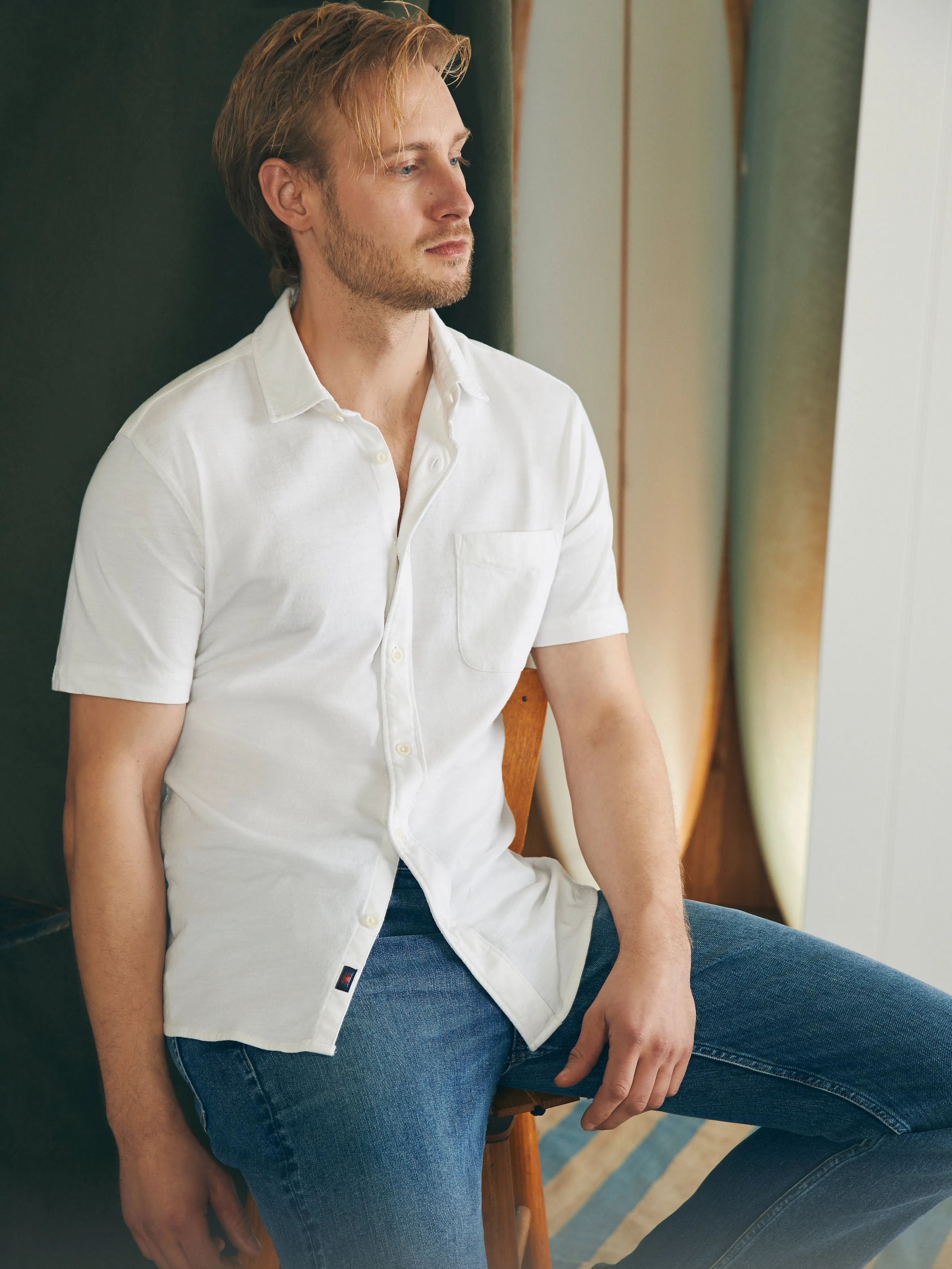 Short-Sleeve Sunwashed Knit Shirt (Single Pocket) (Tall) - White sold by Faherty