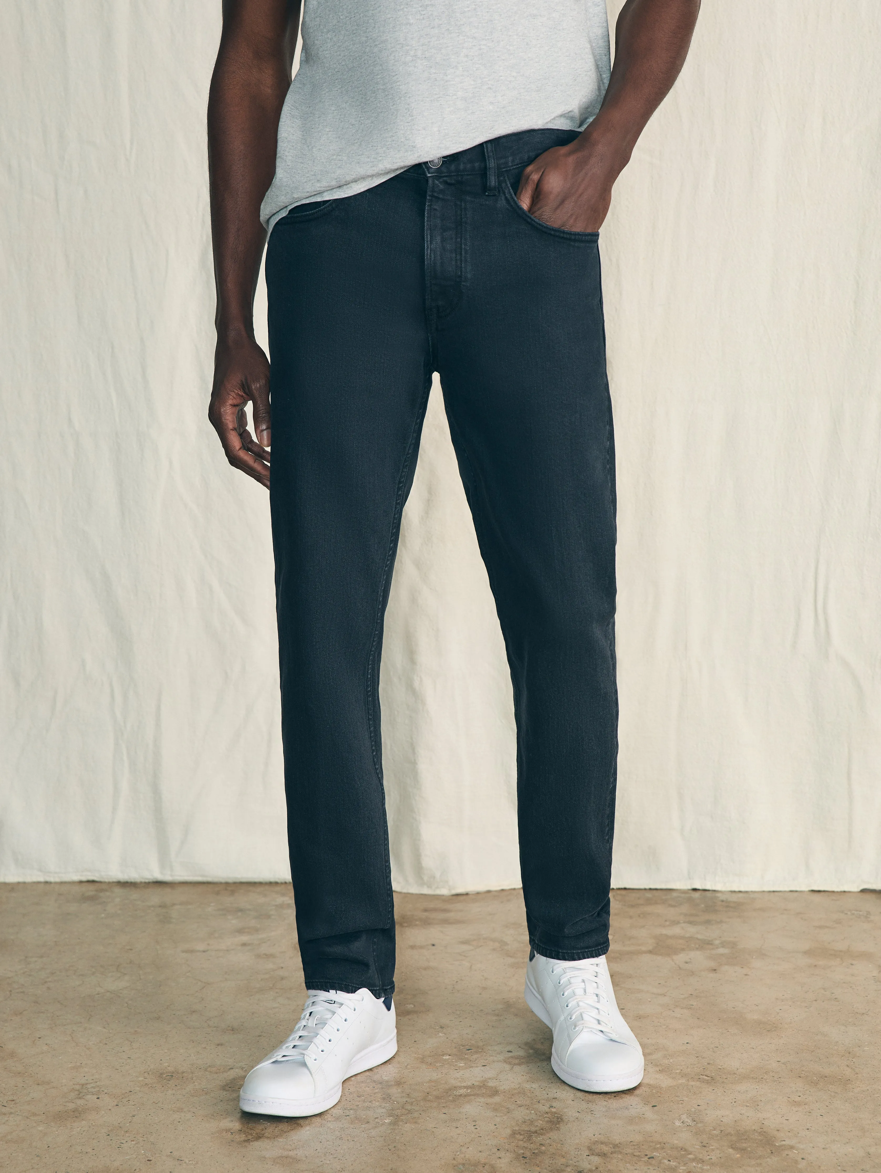Organic Cotton Slim Straight Denim (30" Inseam) - Black Smoke Wash sold by Faherty