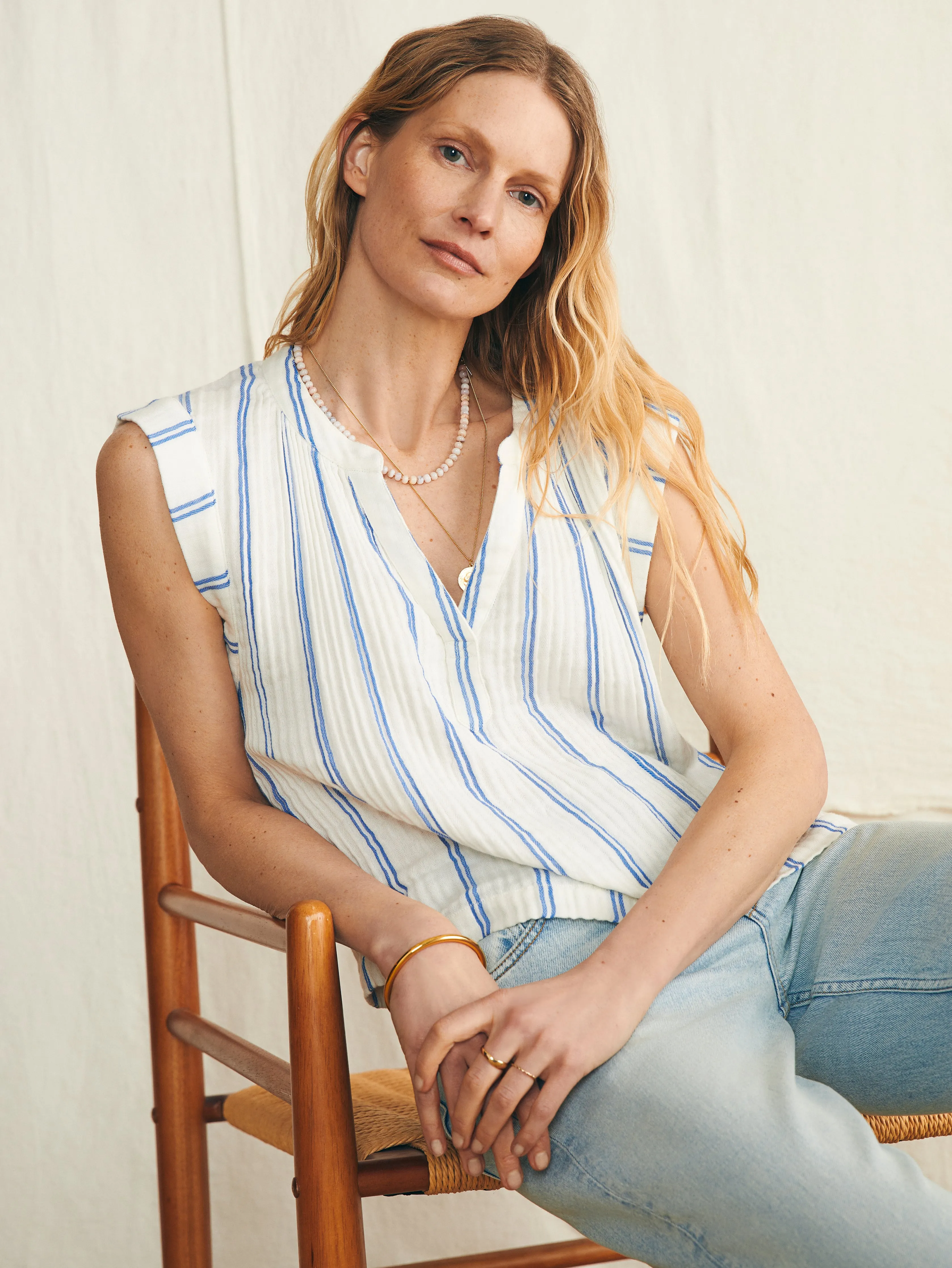 Dream Cotton Gauze Dylan Top - Back Bay Stripe sold by Faherty product image thumbnail 3
