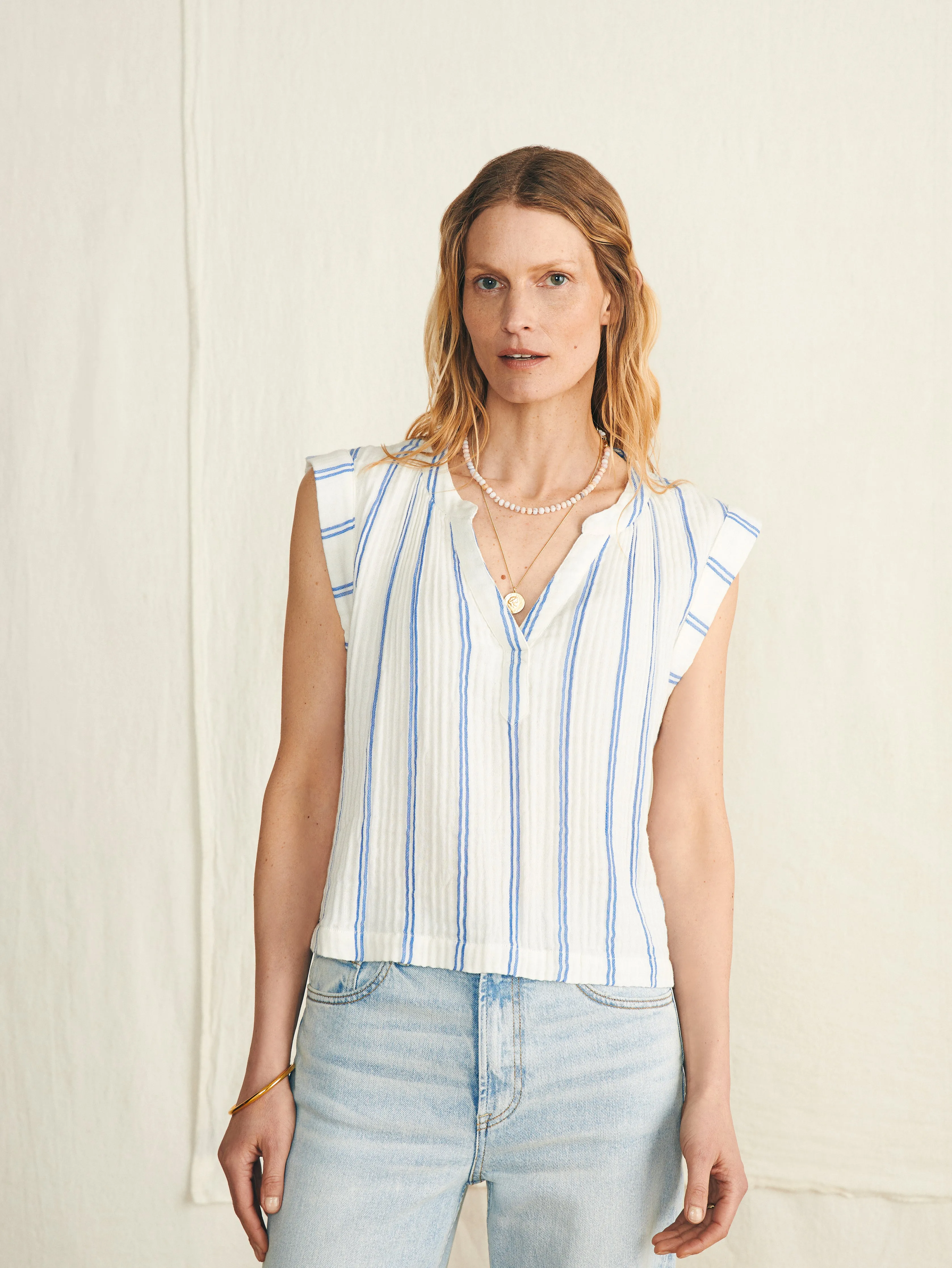Dream Cotton Gauze Dylan Top - Back Bay Stripe sold by Faherty product image thumbnail 5