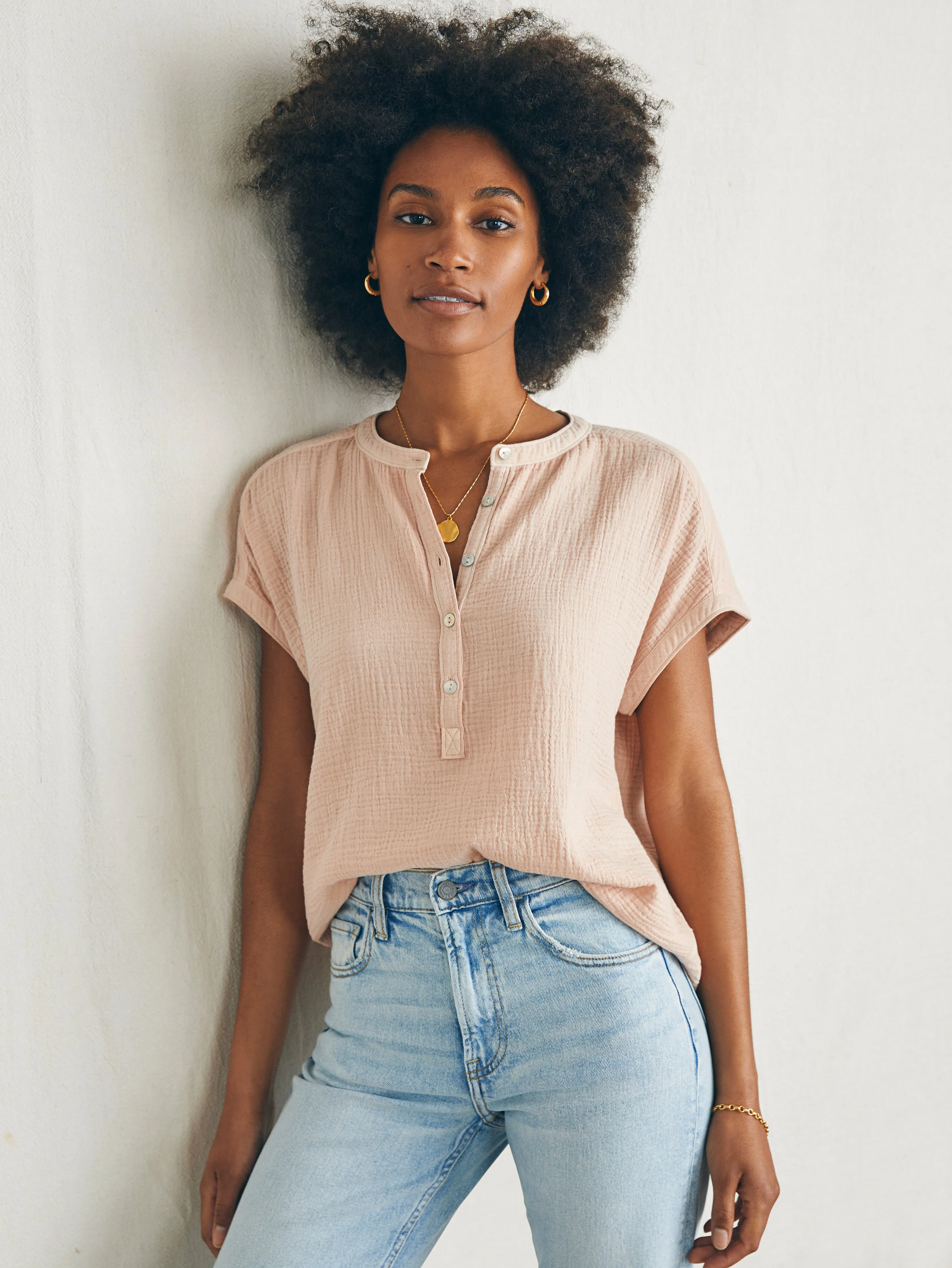 Dream Cotton Gauze Desmond Top - Peach Whip sold by Faherty