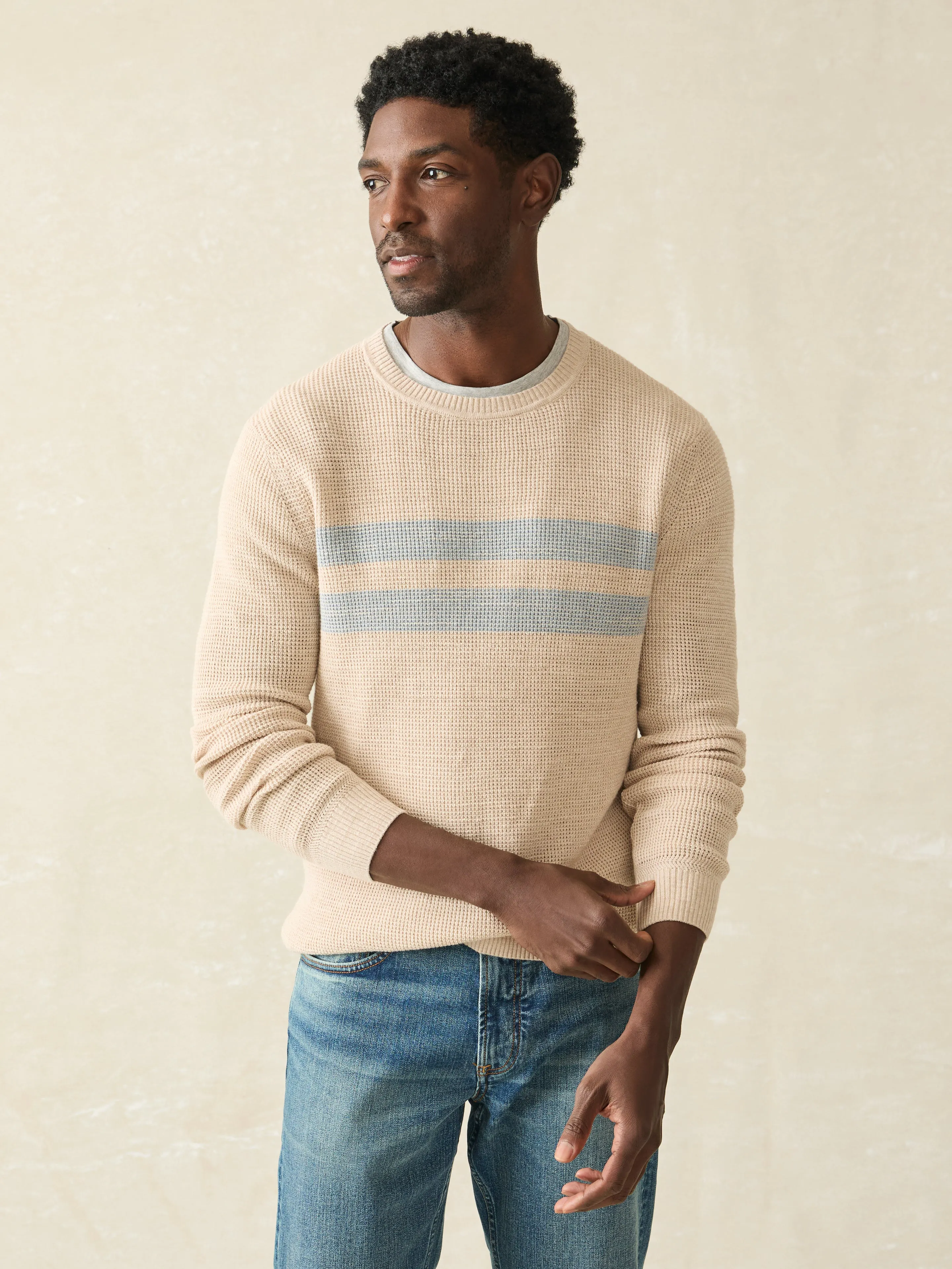 Sunwashed Crewneck Sweater - Dune Natural Surf Stripe sold by Faherty