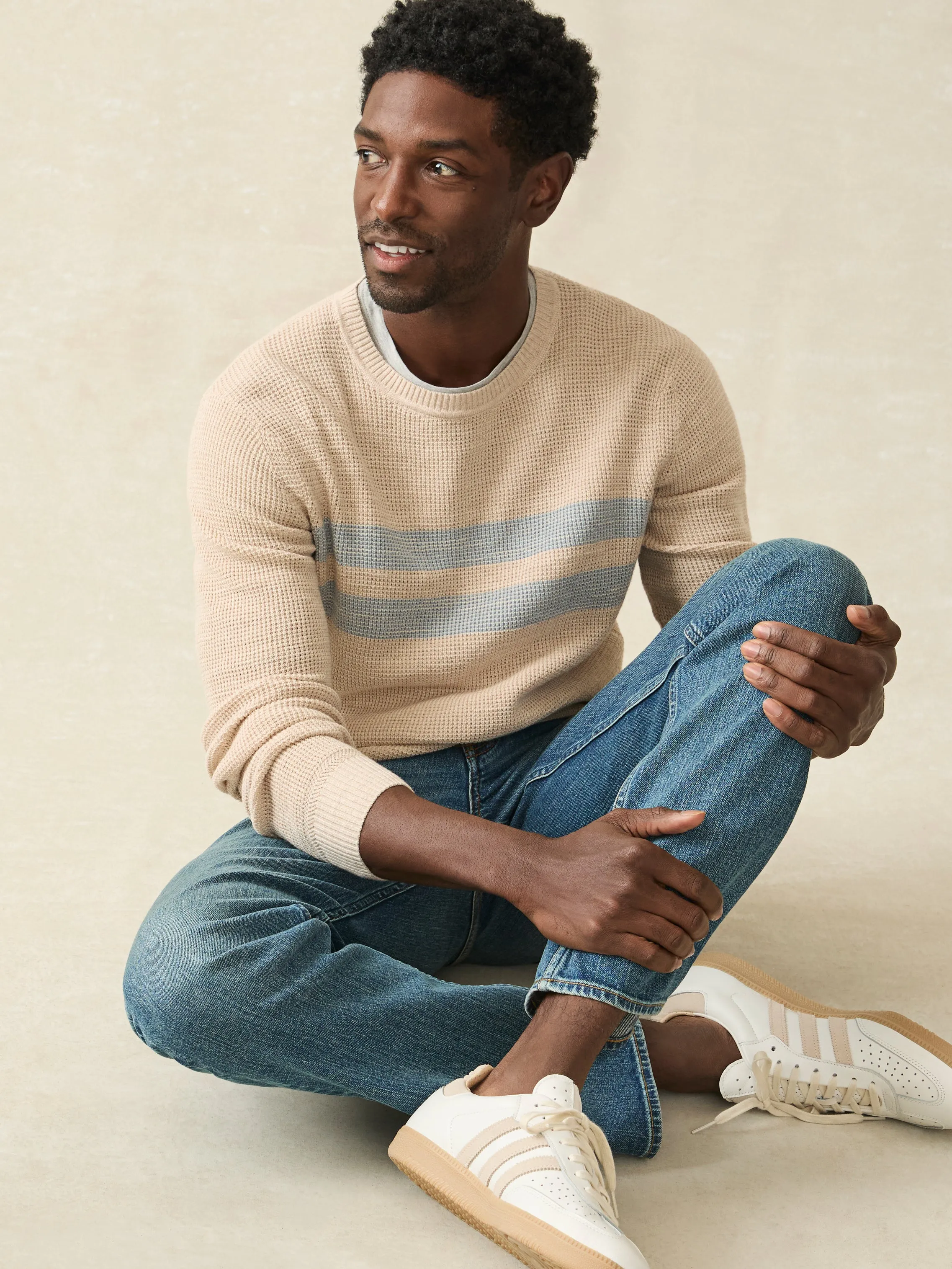 Sunwashed Crewneck Sweater - Dune Natural Surf Stripe sold by Faherty product image thumbnail 3