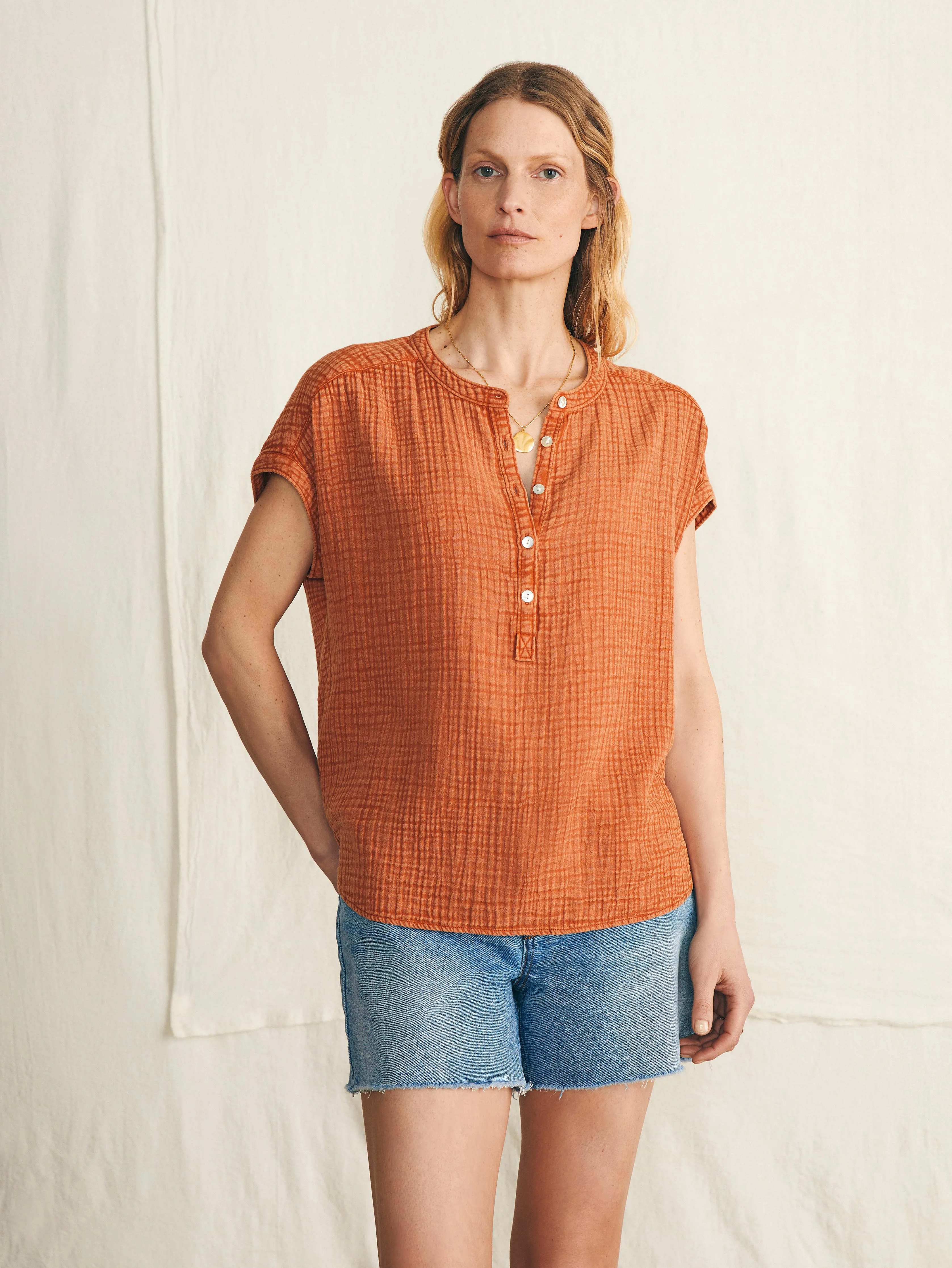 Dream Cotton Gauze Desmond Top - Bombay Brown sold by Faherty product image thumbnail 3