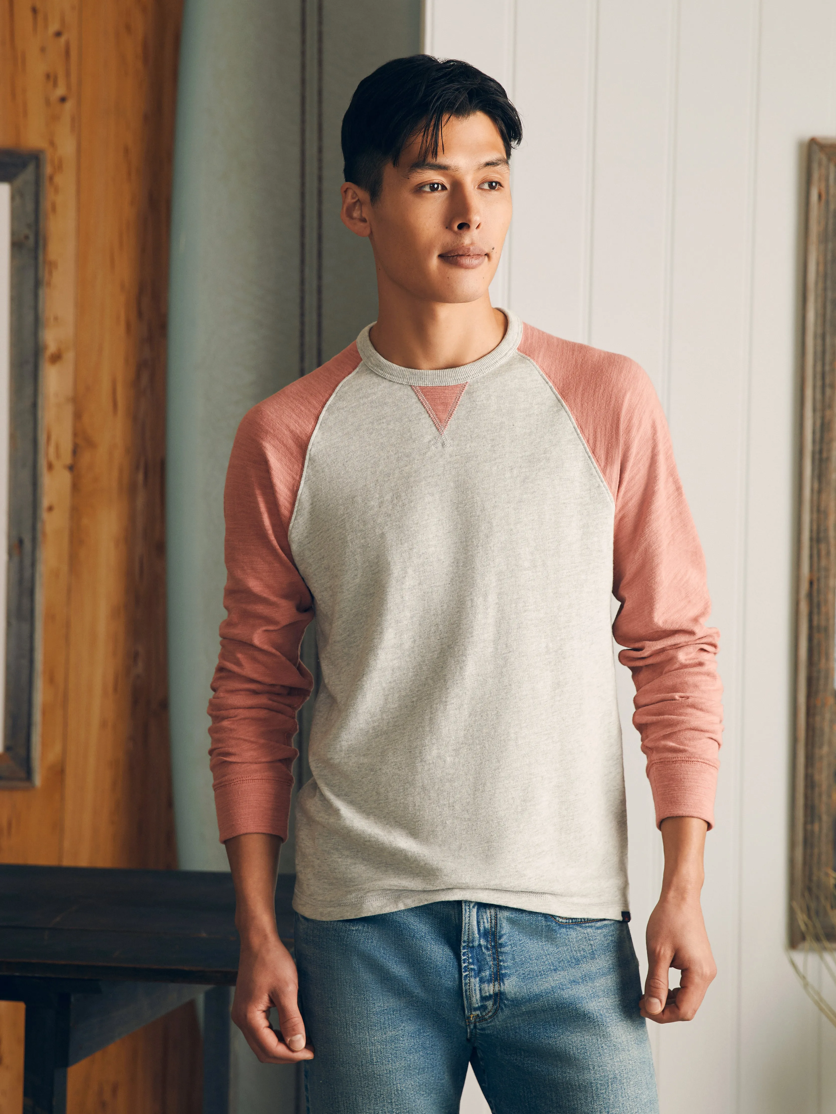 Sunwashed Slub Crew - Light Grey Heather Faded Flag sold by Faherty