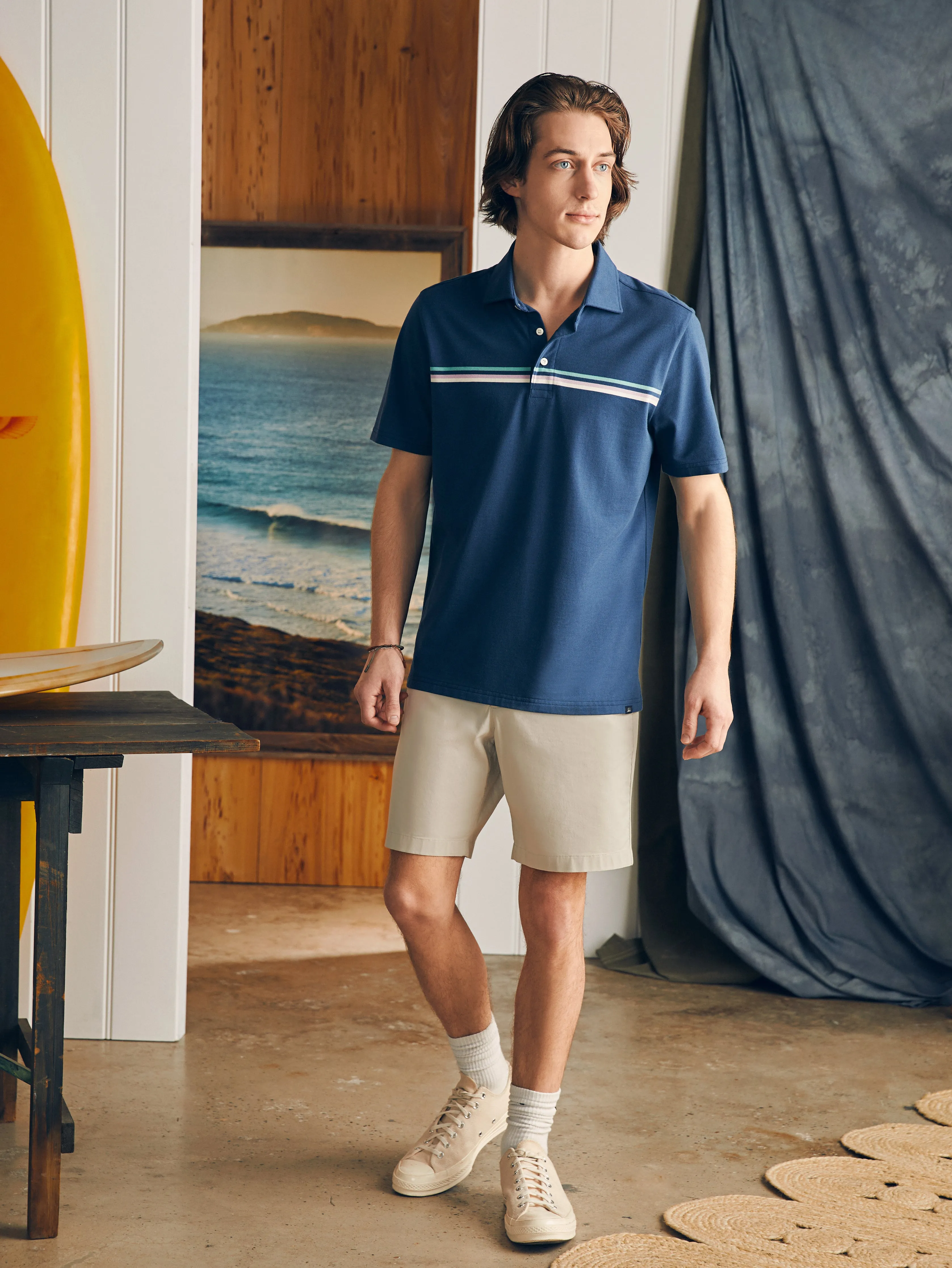 Movement™ Short-Sleeve Pique Polo Shirt - Navy Depere Stripe sold by Faherty product image thumbnail 4