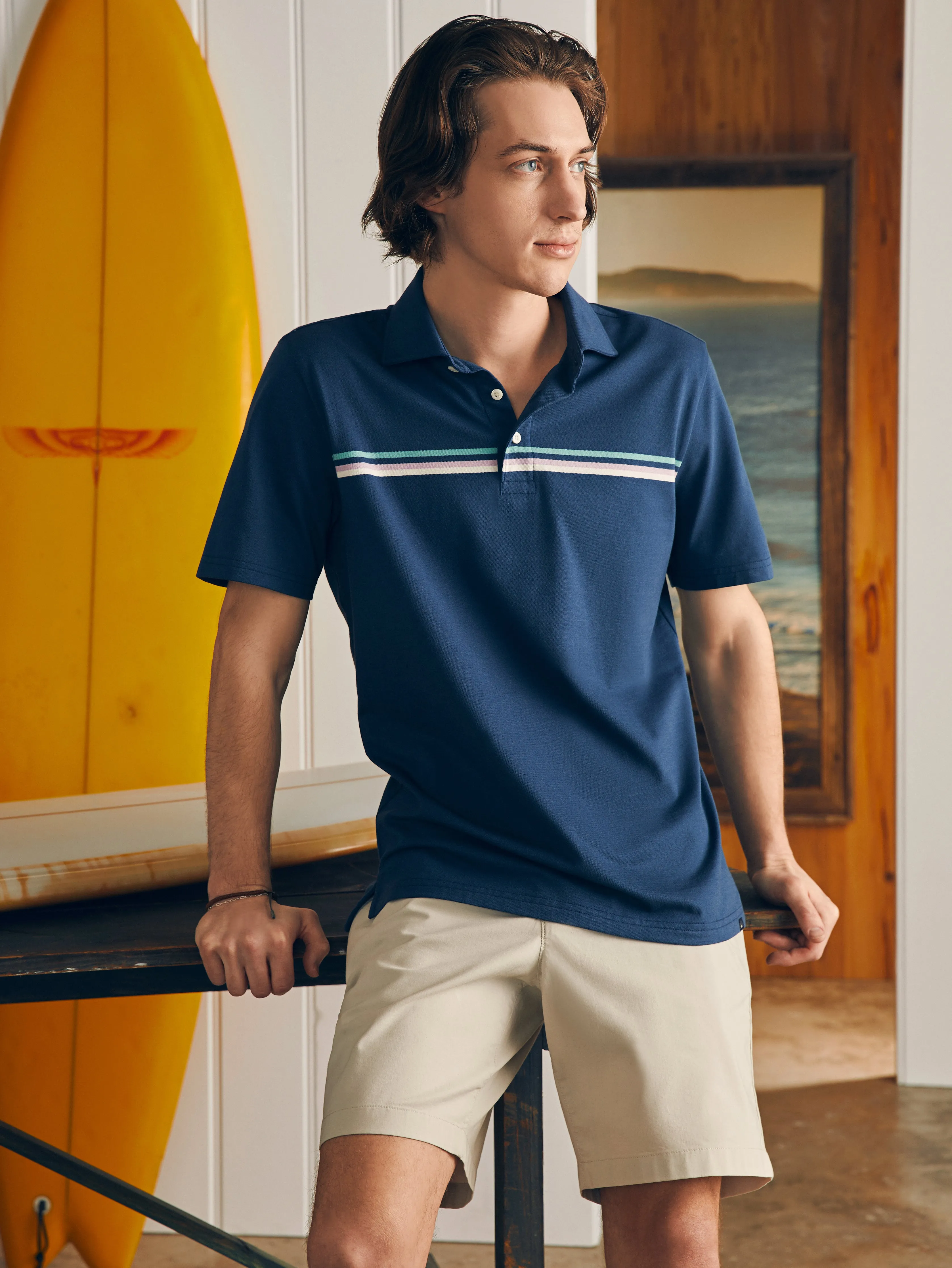Movement™ Short-Sleeve Pique Polo Shirt - Navy Depere Stripe sold by Faherty