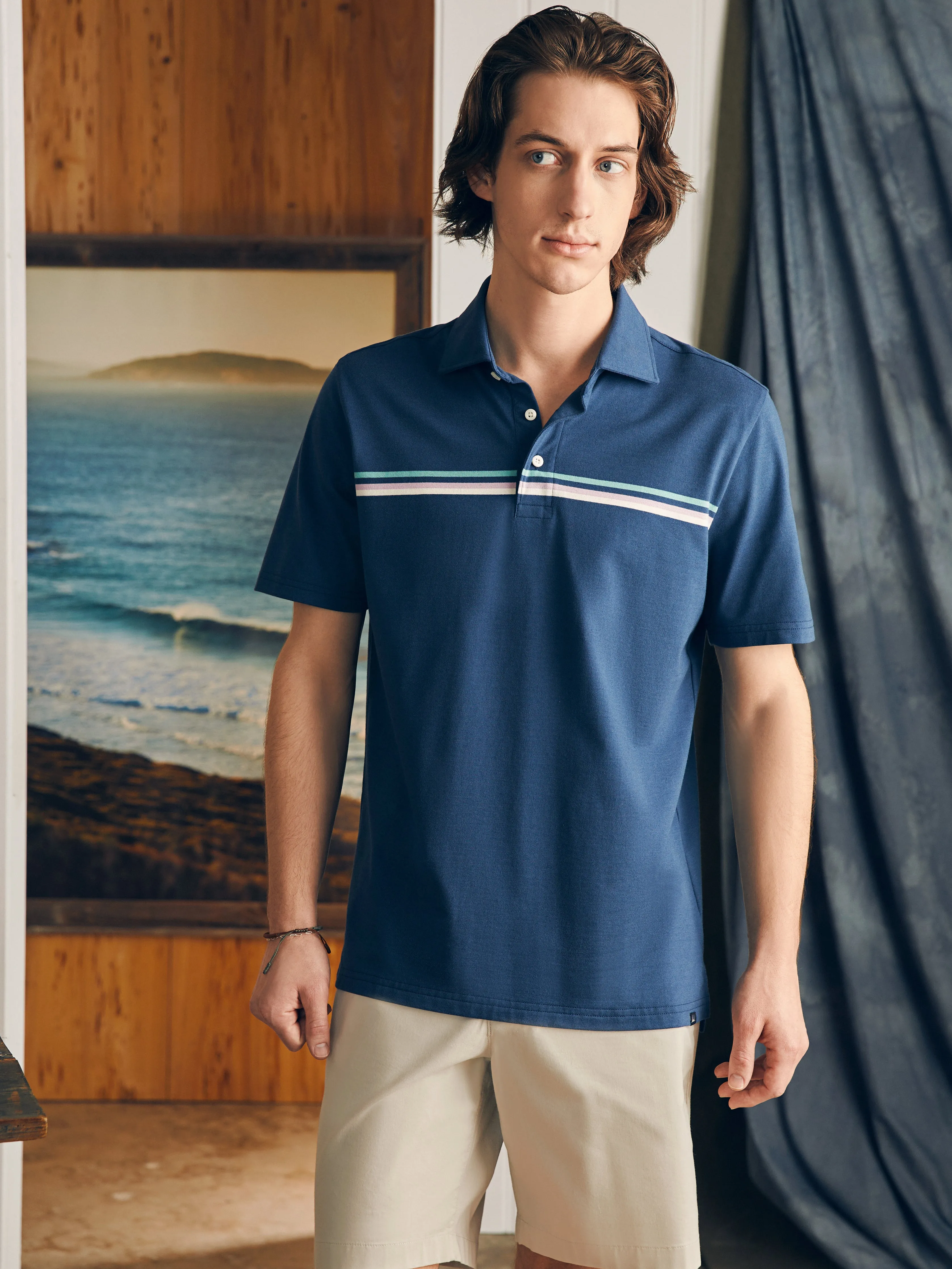 Movement™ Short-Sleeve Pique Polo Shirt - Navy Depere Stripe sold by Faherty product image thumbnail 3
